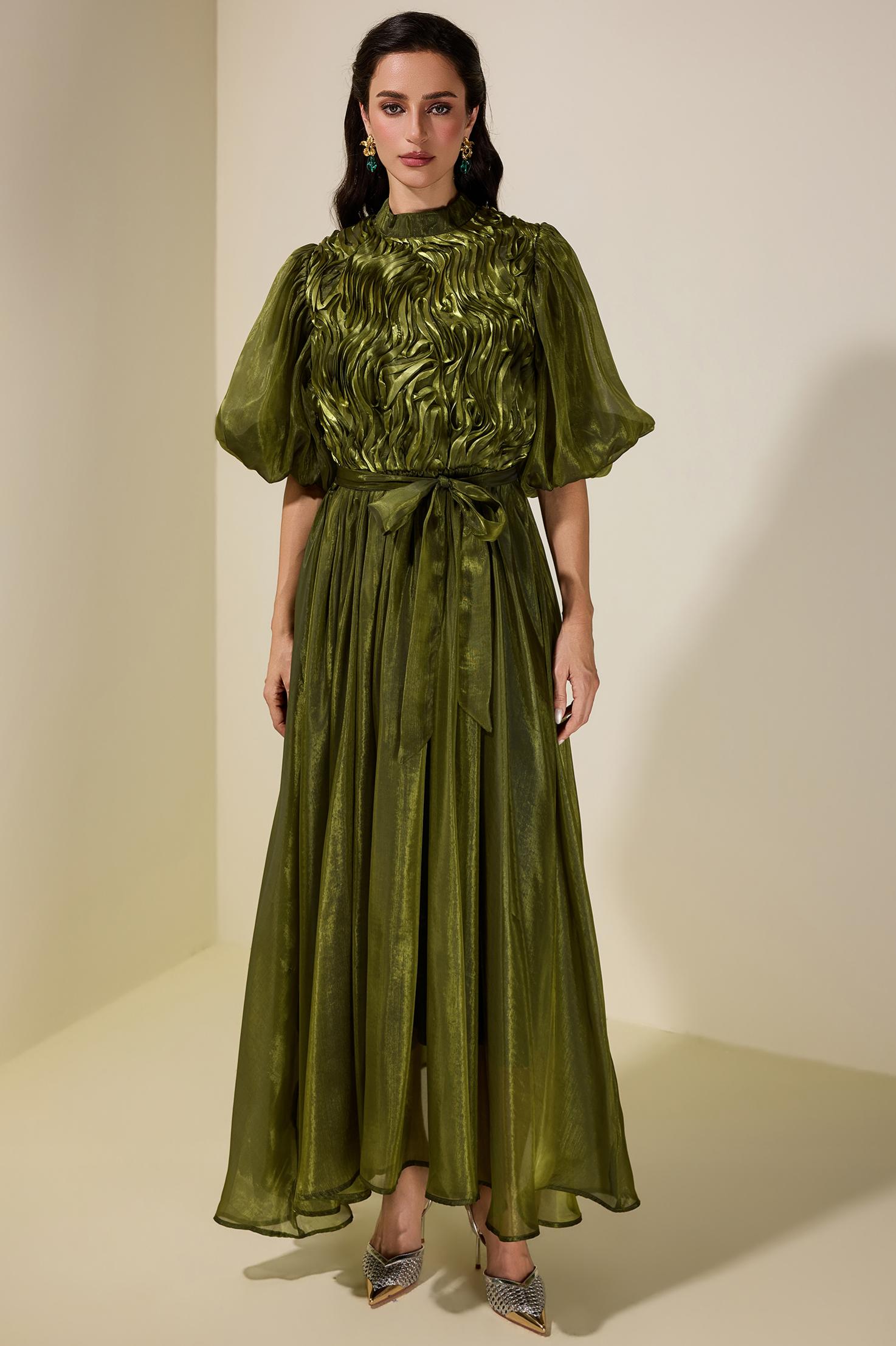 Frill Puff Sleeve Round Neck Midi Dress