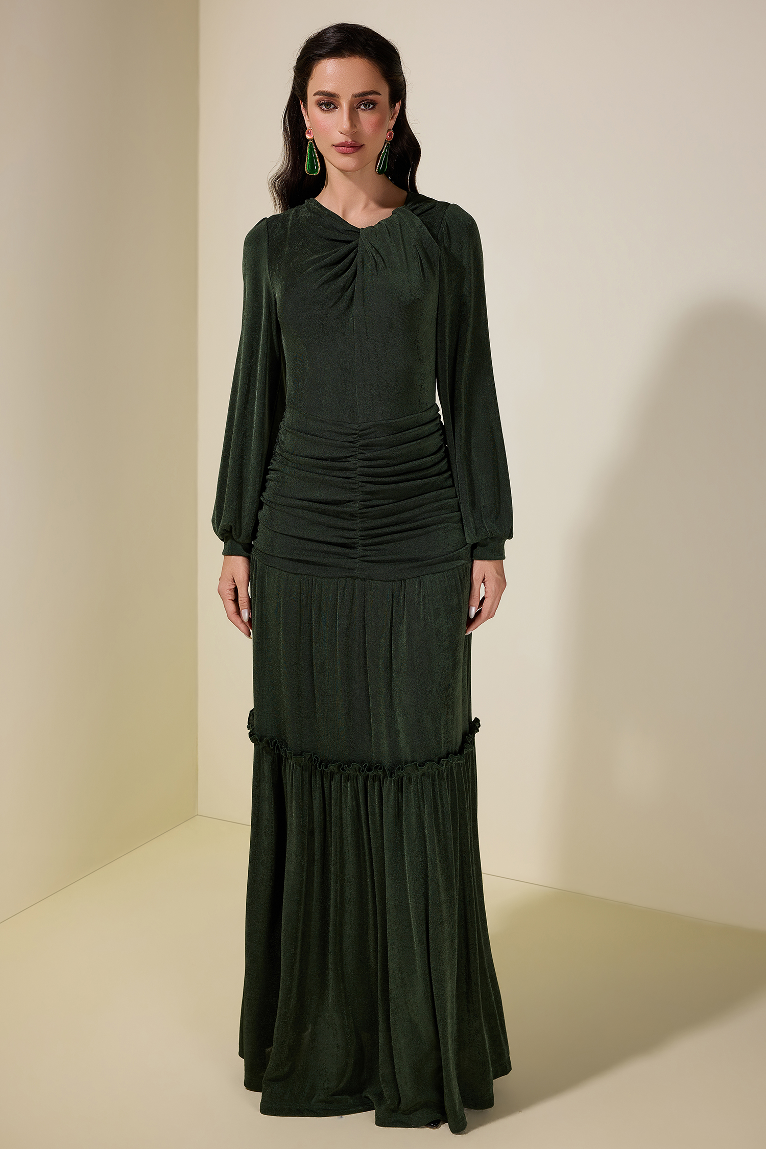 Jersey Ruched Long Sleeve Maxi Dress