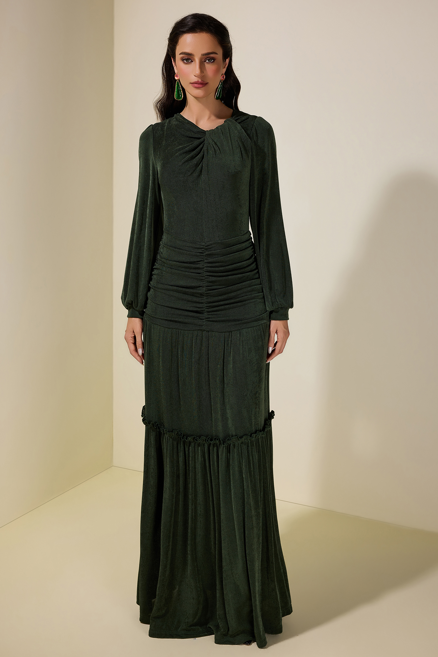 Jersey Ruched Long Sleeve Maxi Dress