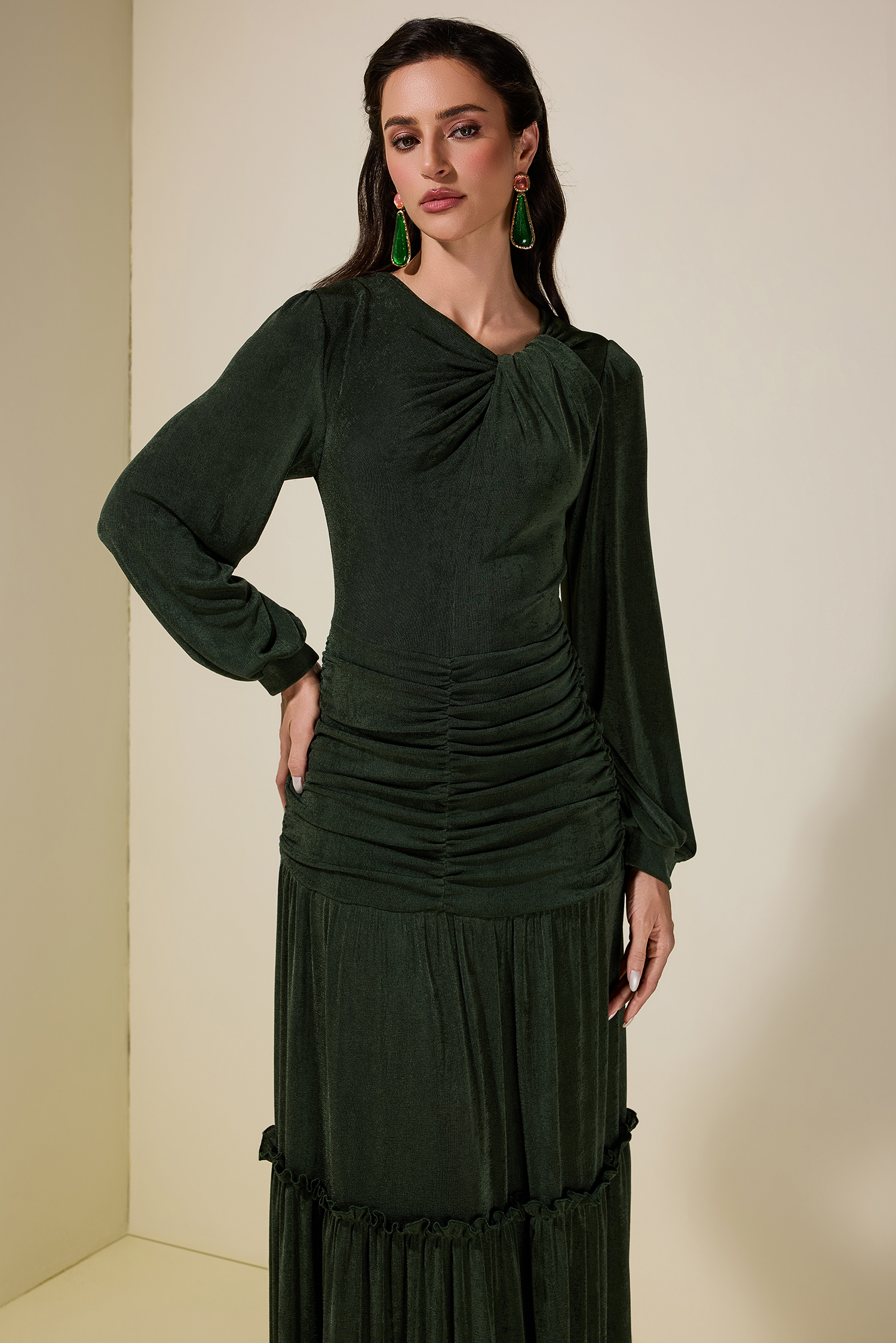 Jersey Ruched Long Sleeve Maxi Dress
