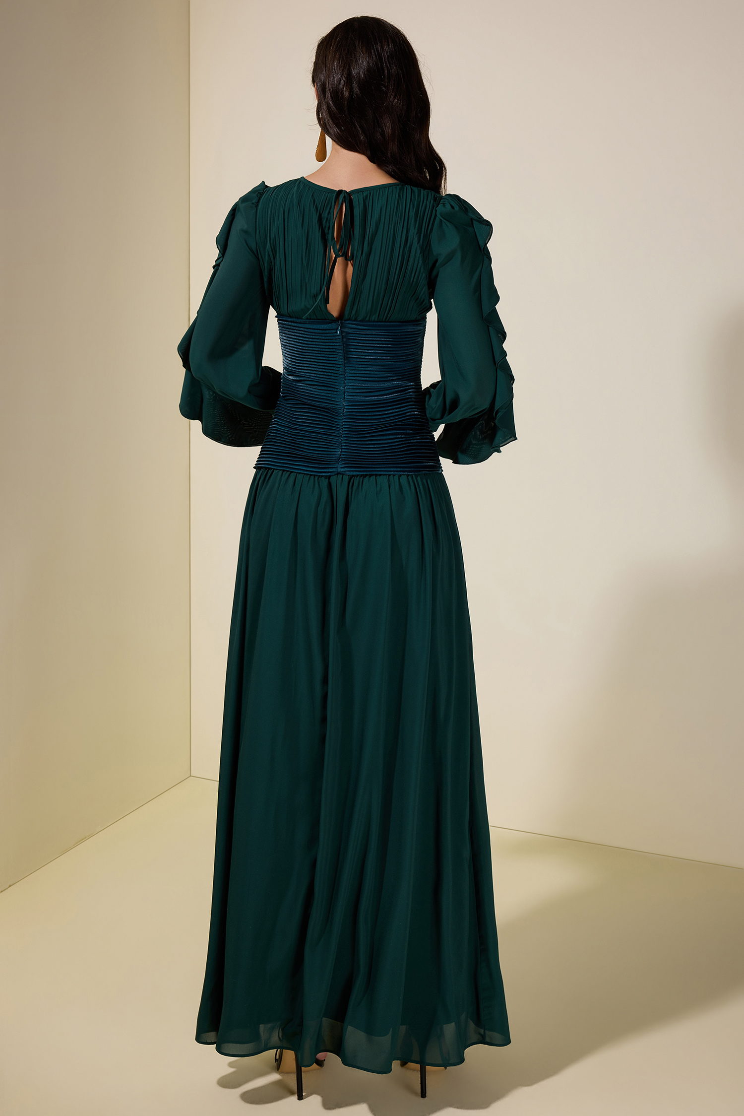 Chiffon Ruched Ruffle Maxi Dress