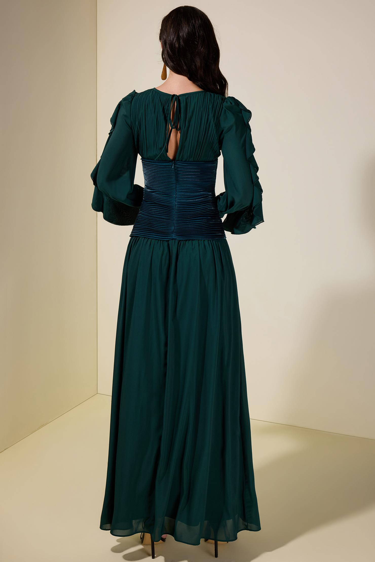 Chiffon Ruched Ruffle Maxi Dress