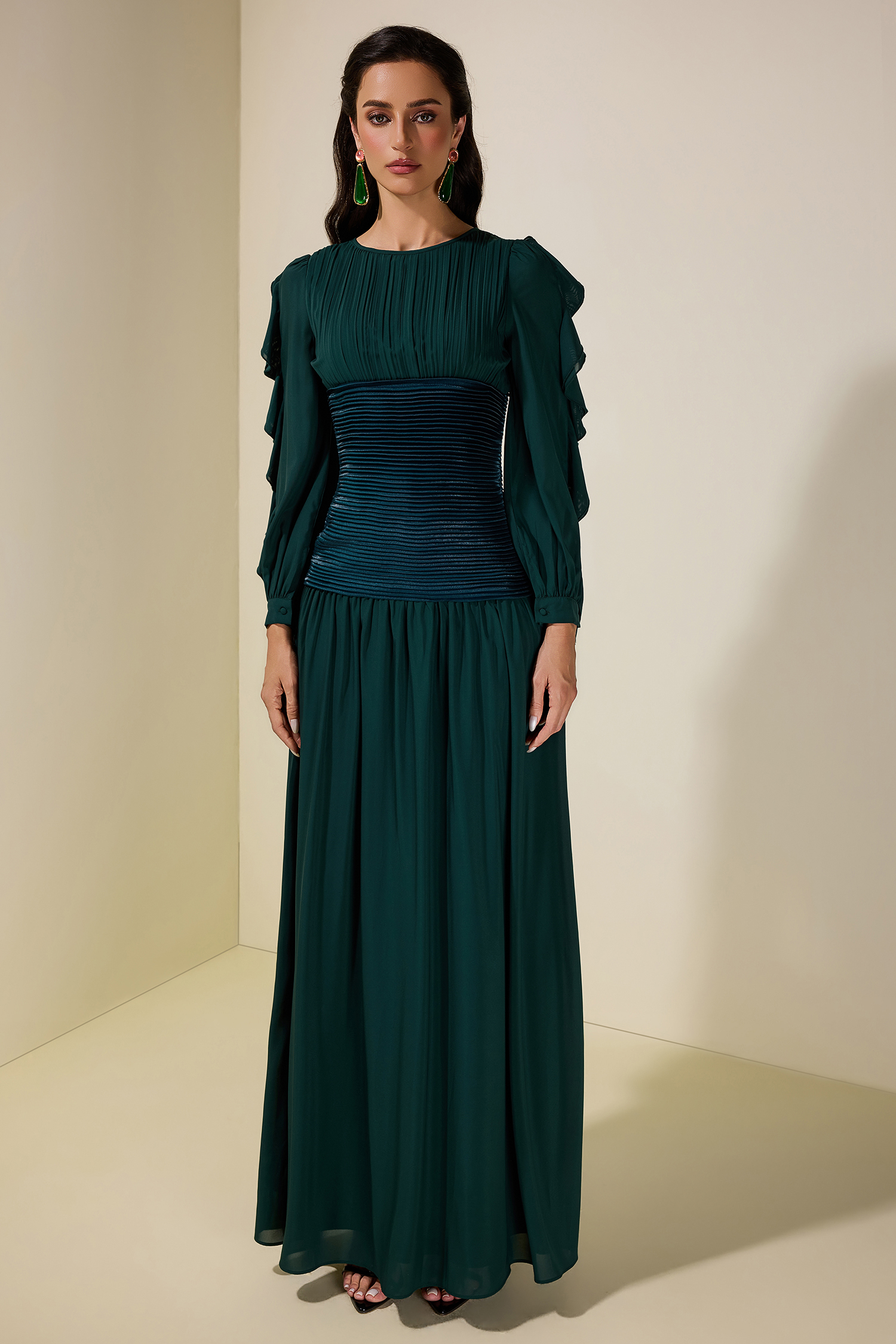 Chiffon Ruched Ruffle Maxi Dress