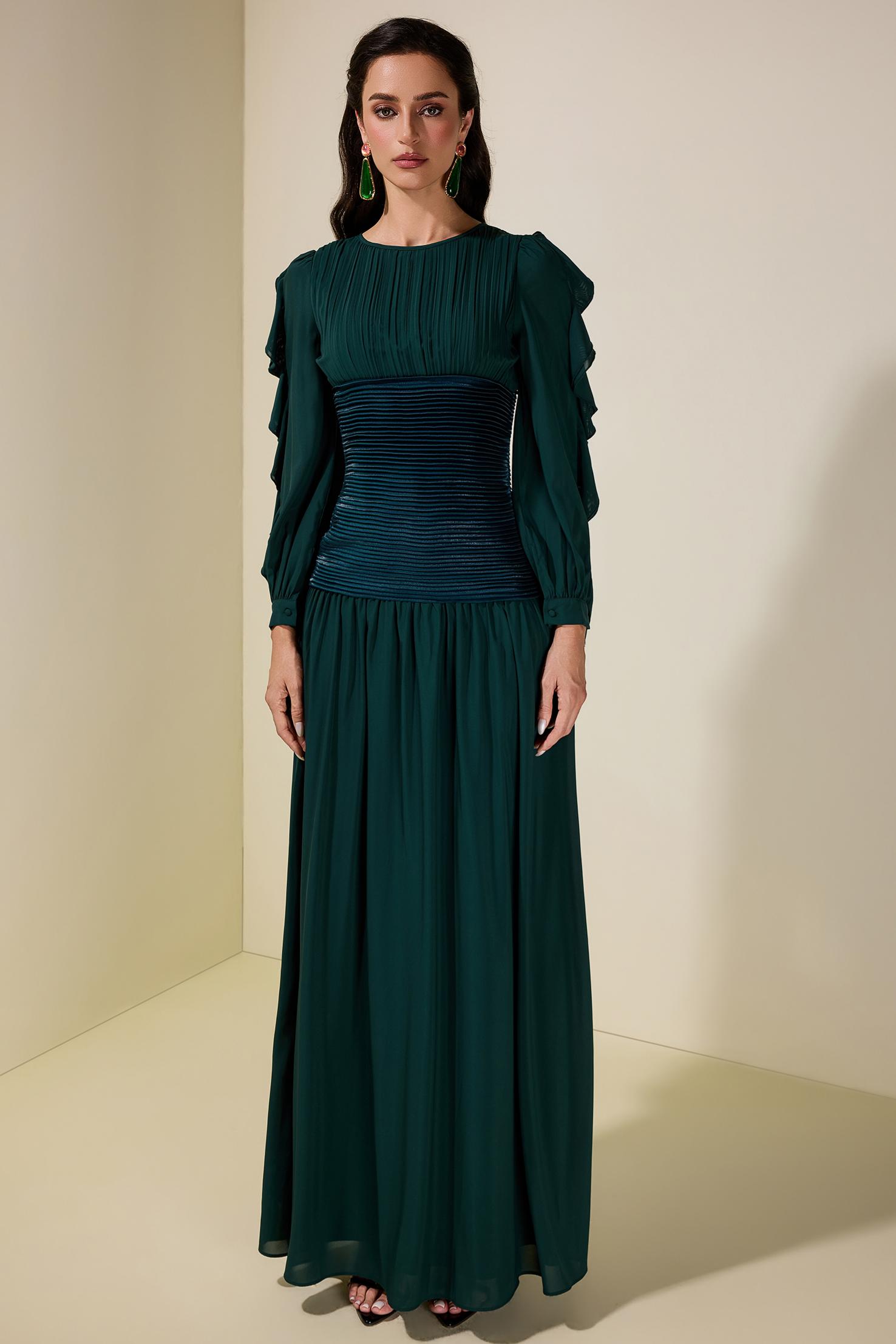 Chiffon Ruched Ruffle Maxi Dress