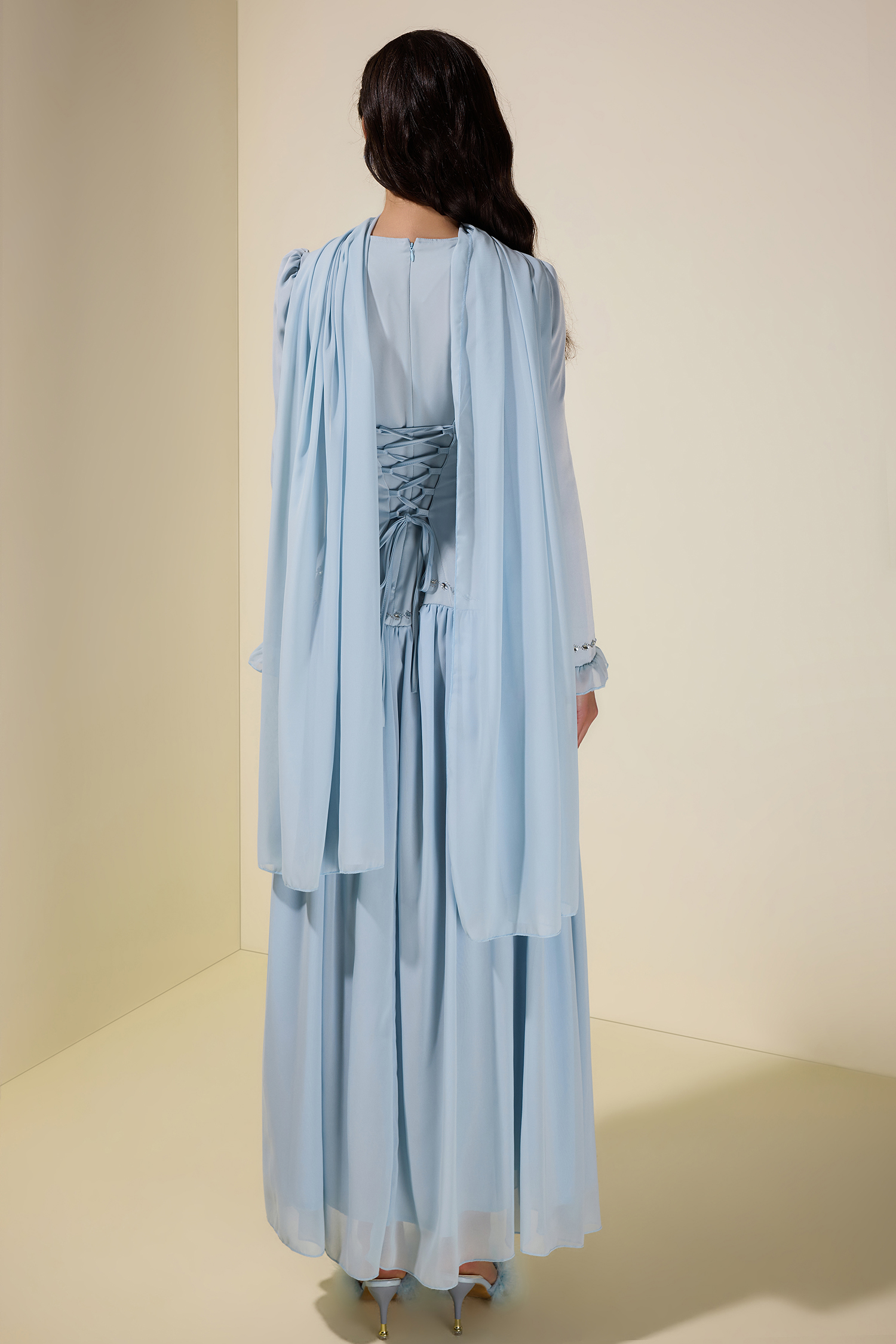 Satin Splicing Chiffon Rhinestone Maxi Dress