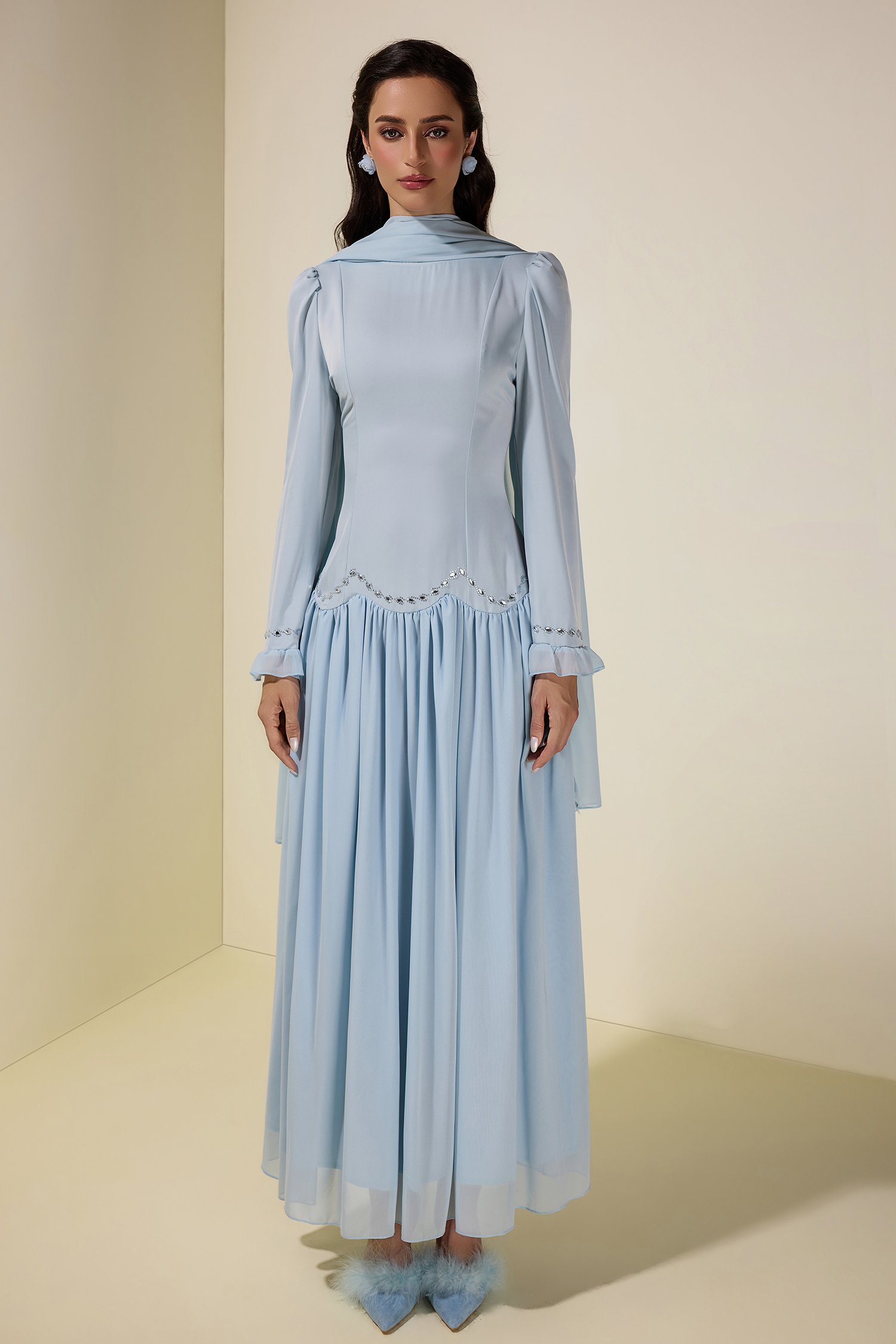 Satin Splicing Chiffon Rhinestone Maxi Dress