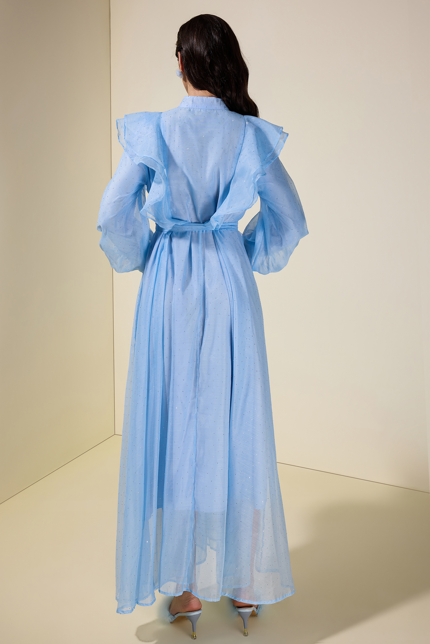 Chiffon Rhinestone Ruffle Midi Dress With Belt