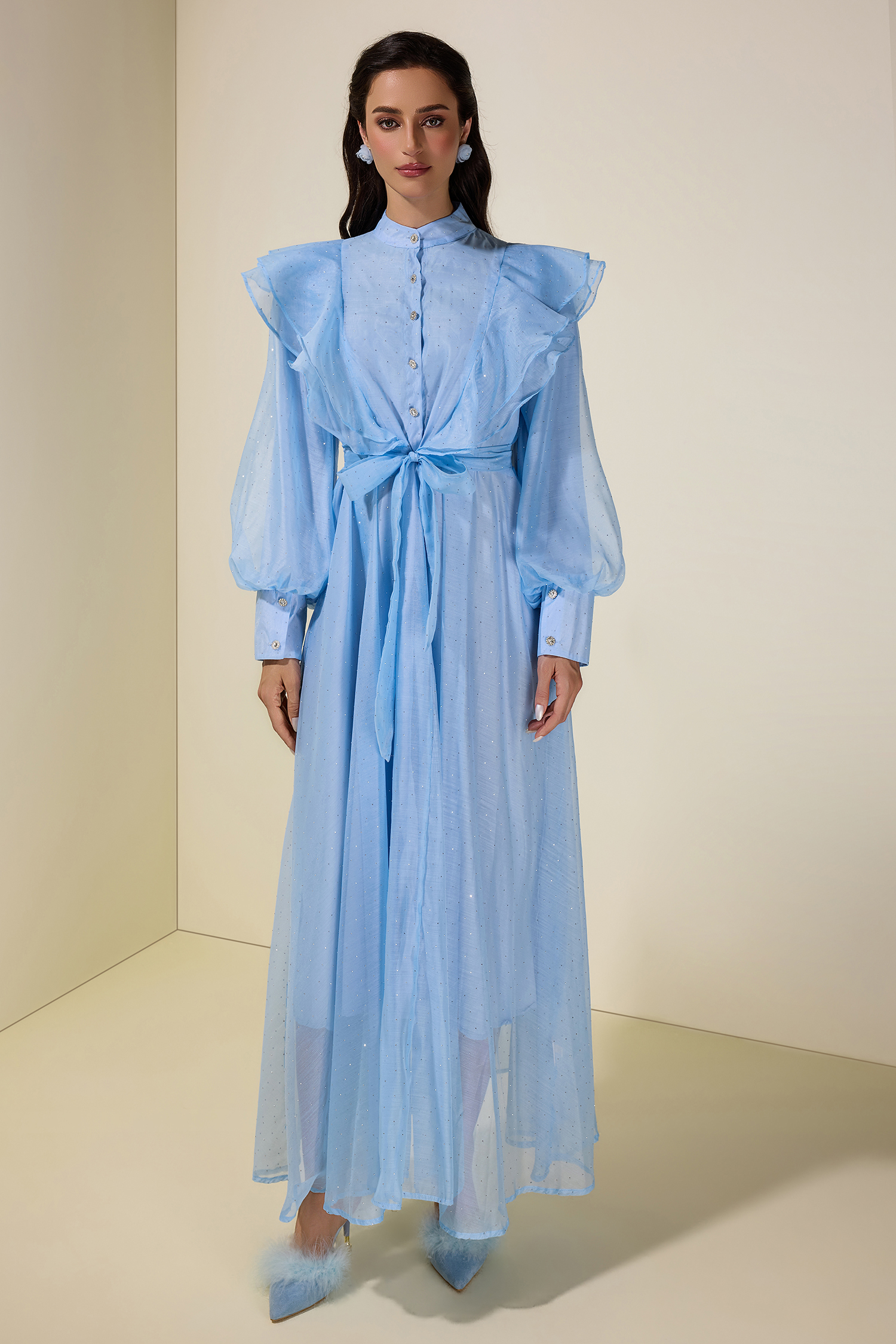 Chiffon Rhinestone Ruffle Midi Dress With Belt