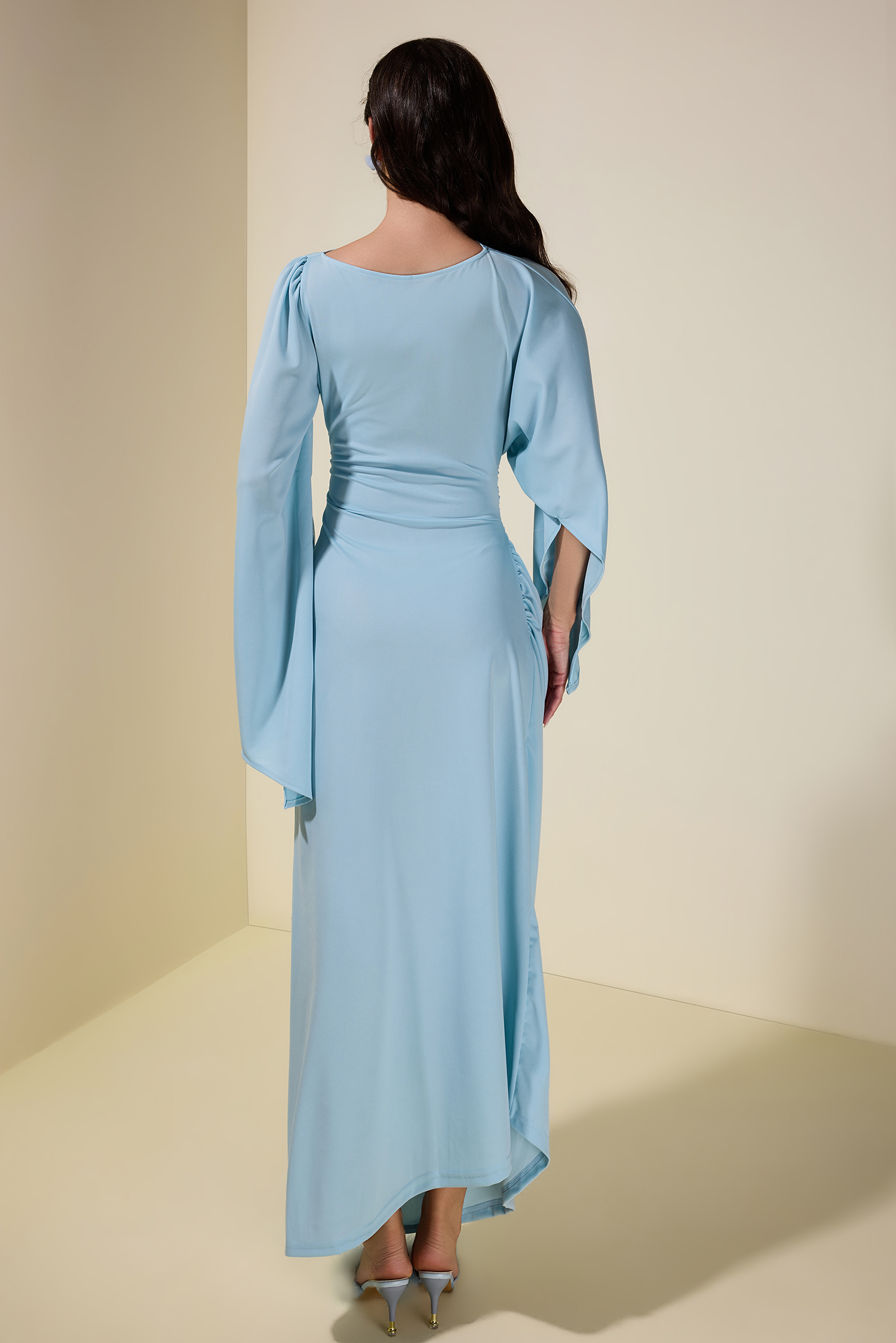 Jersey Gathering Cape Sleeve Maxi Dress