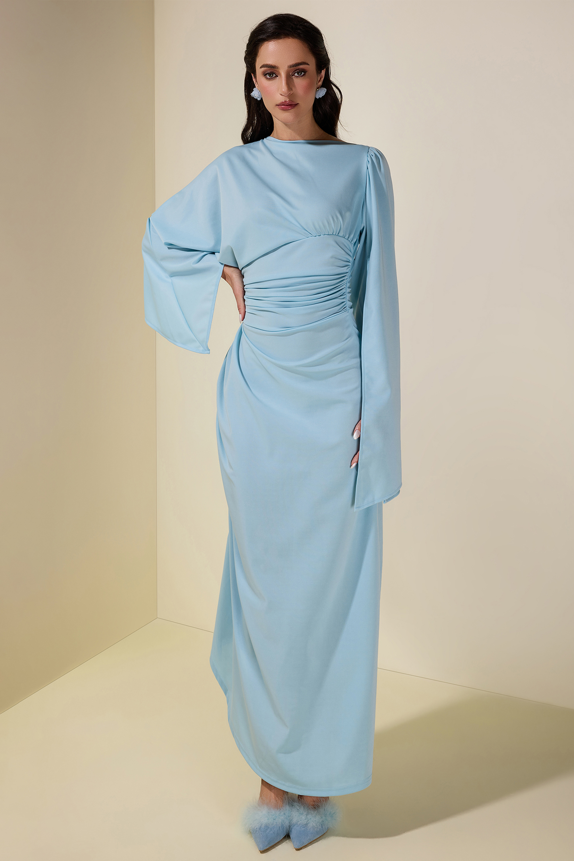 Jersey Gathering Cape Sleeve Maxi Dress