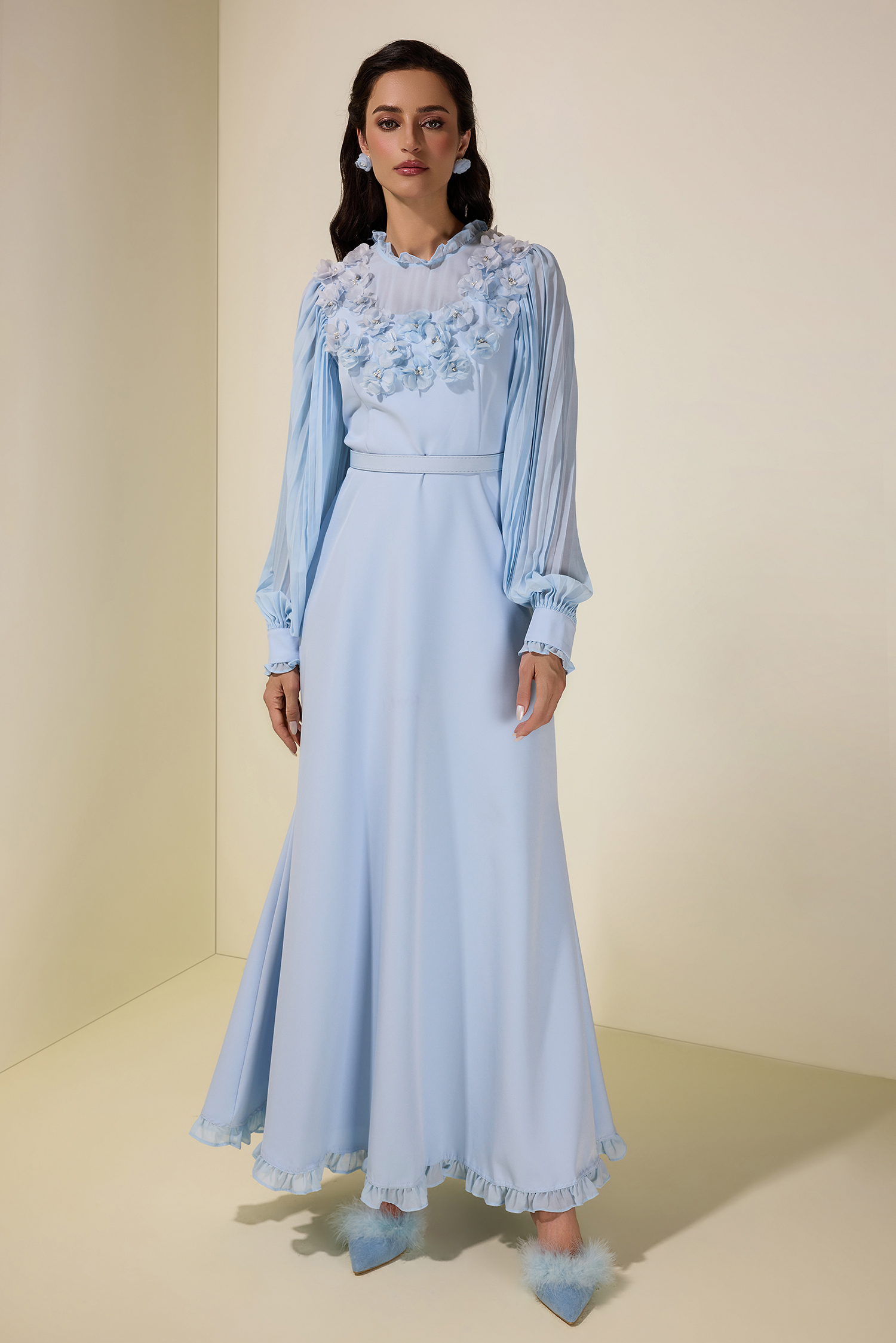 3D Flower Pleated Midi Dress With Belt