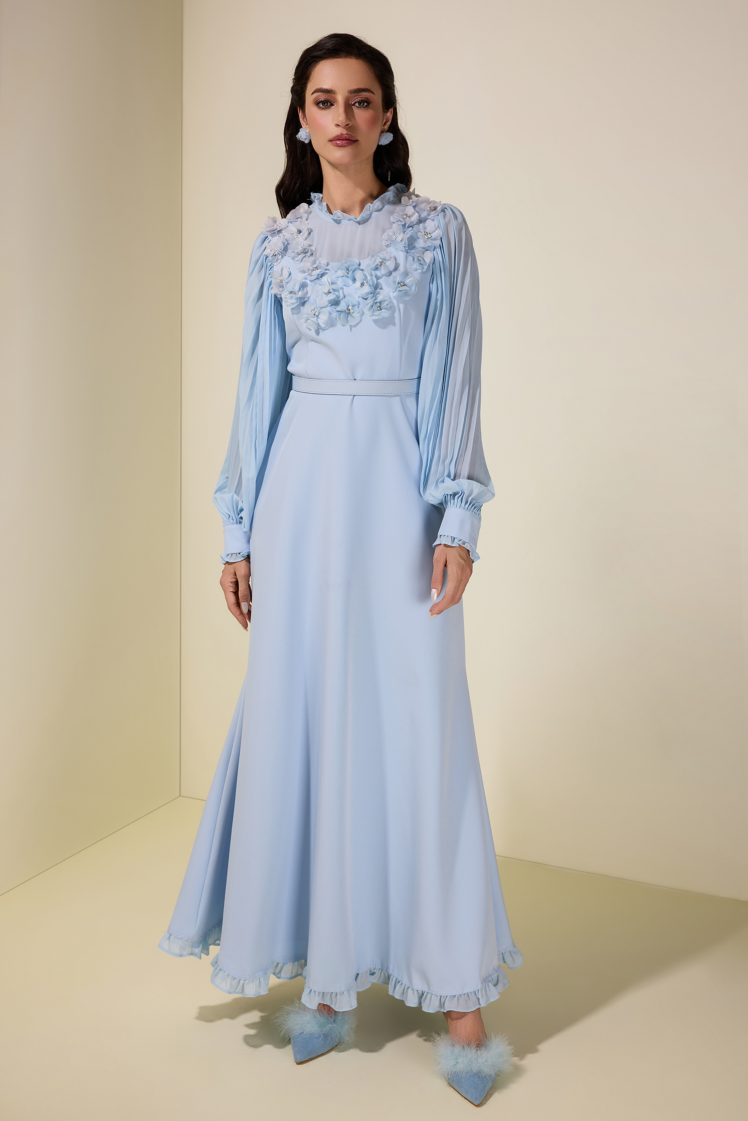 3D Flower Pleated Midi Dress With Belt