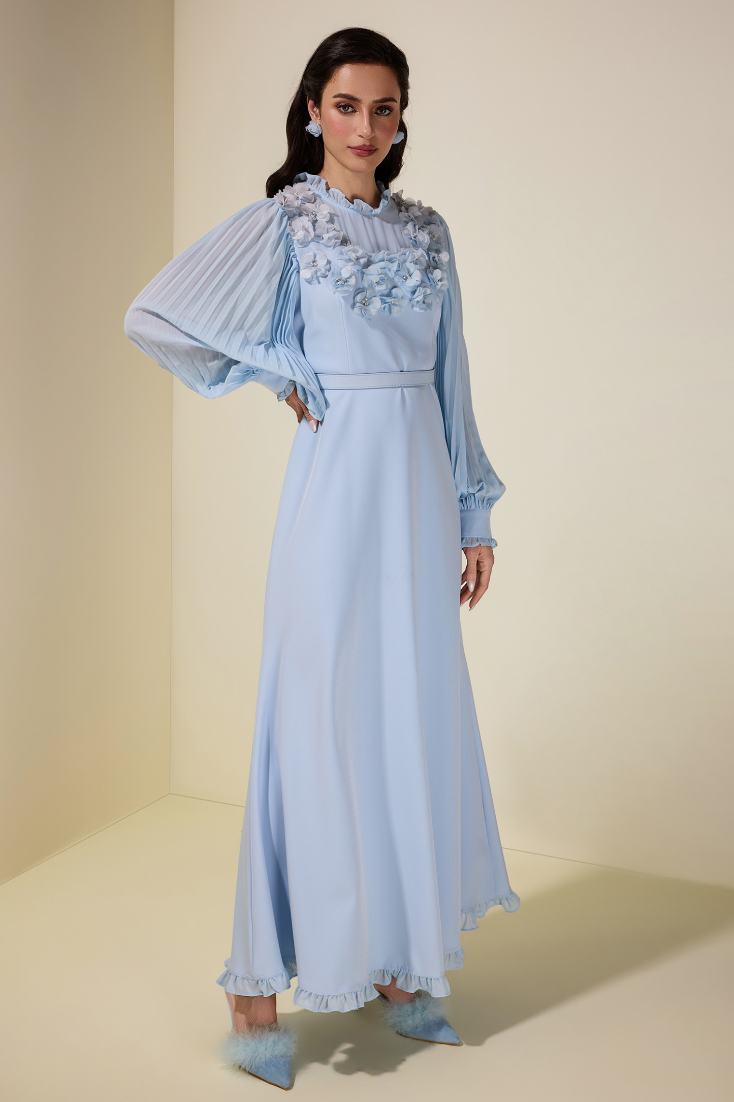 3D Flower Pleated Midi Dress With Belt