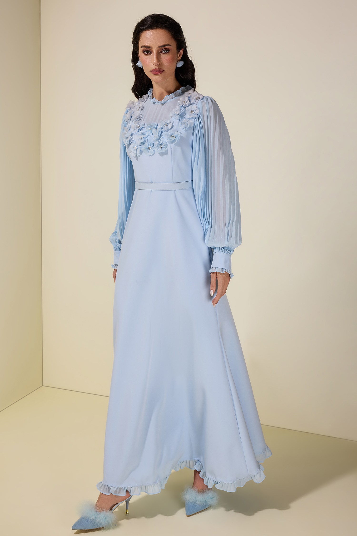 3D Flower Pleated Midi Dress With Belt