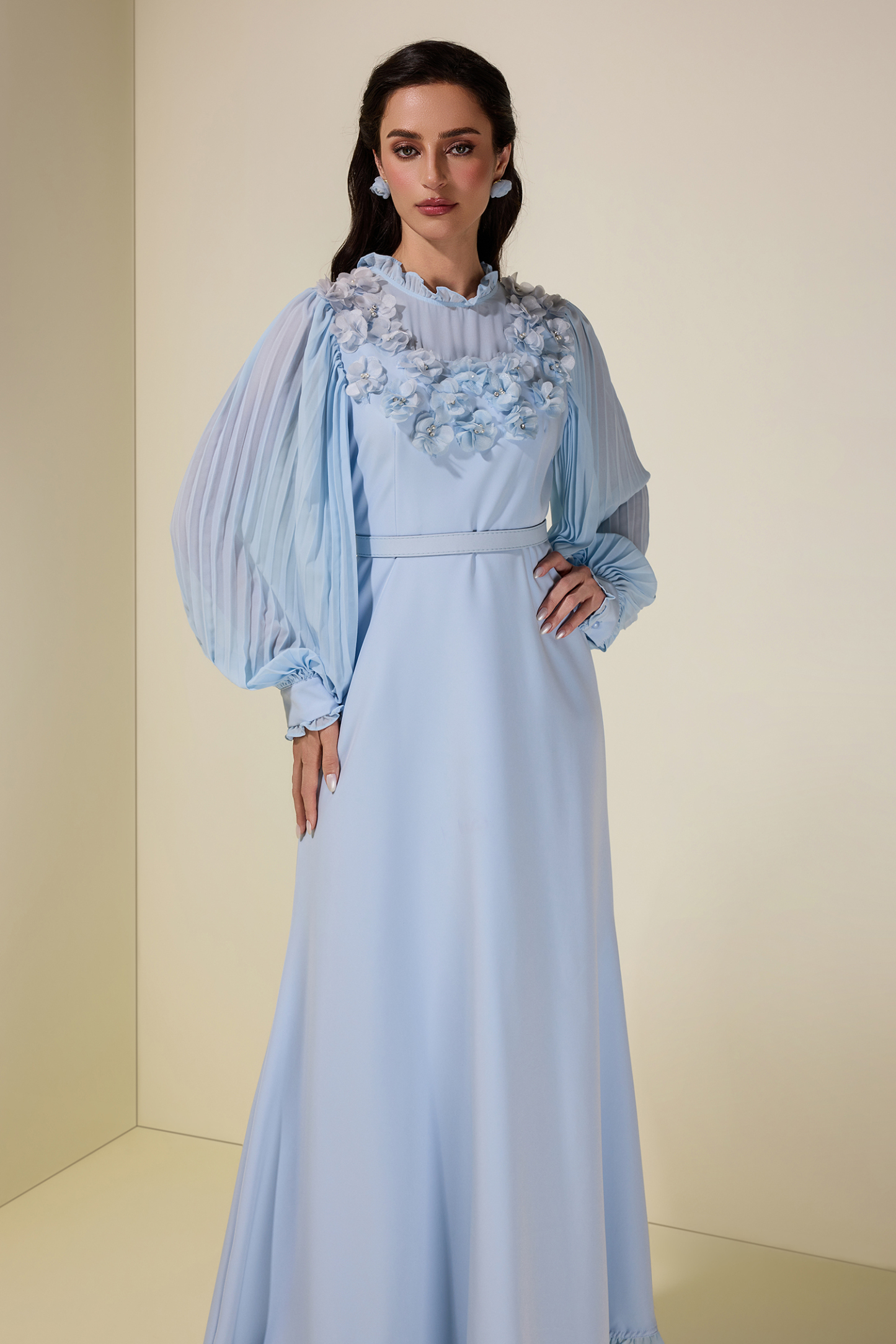 3D Flower Pleated Midi Dress With Belt