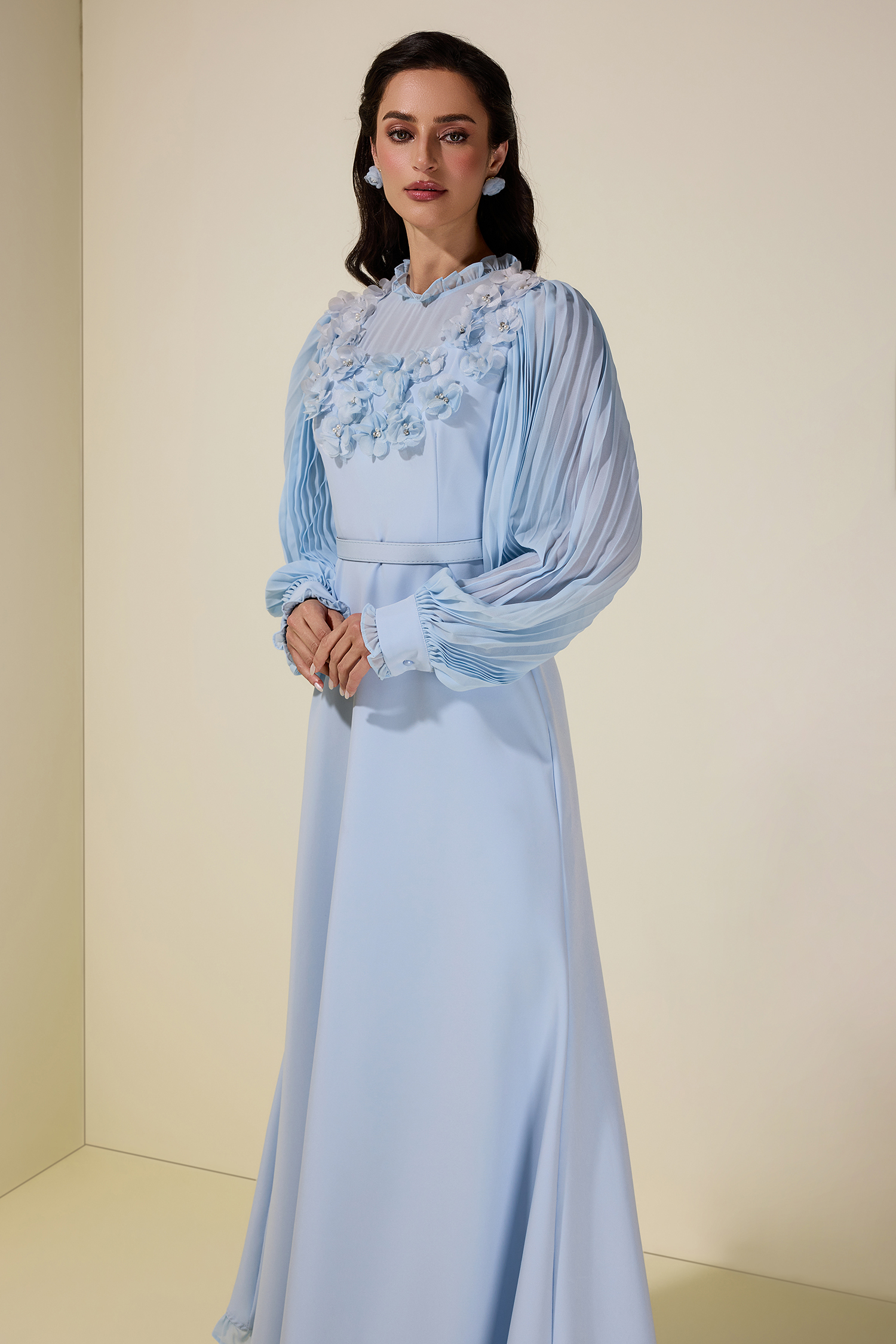 3D Flower Pleated Midi Dress With Belt