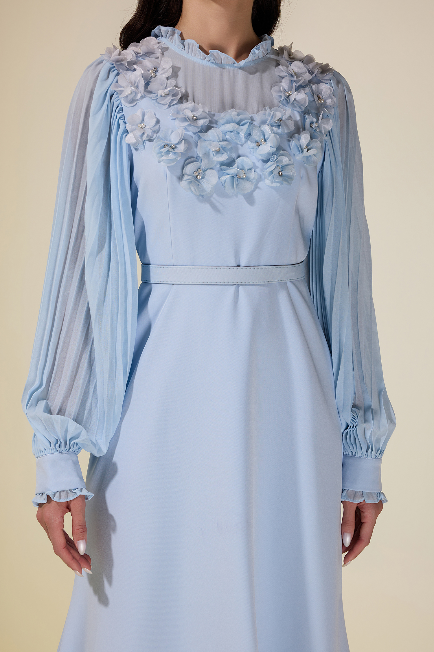 3D Flower Pleated Midi Dress With Belt