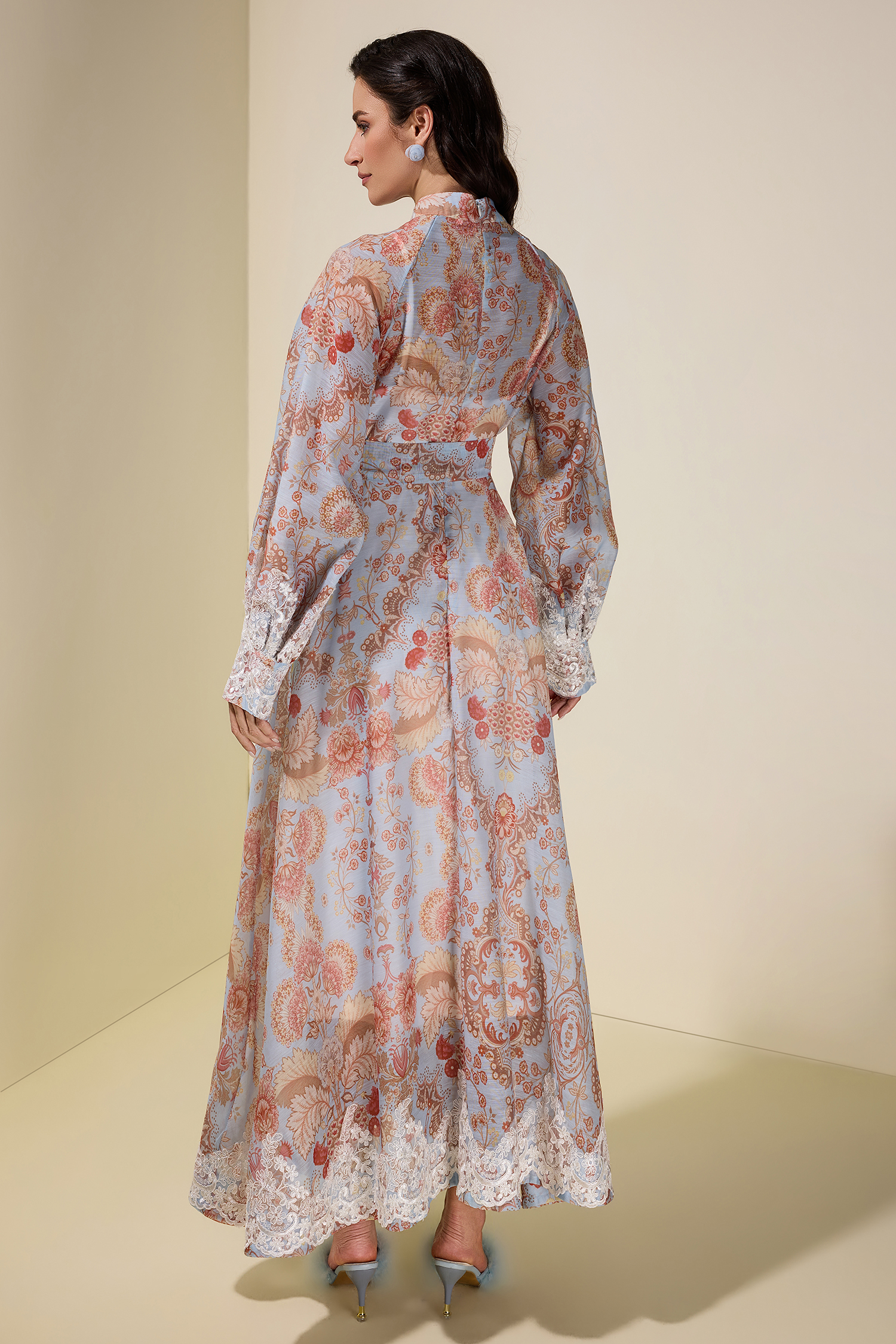 Paisley Print Lace Single Breasted Midi Dress