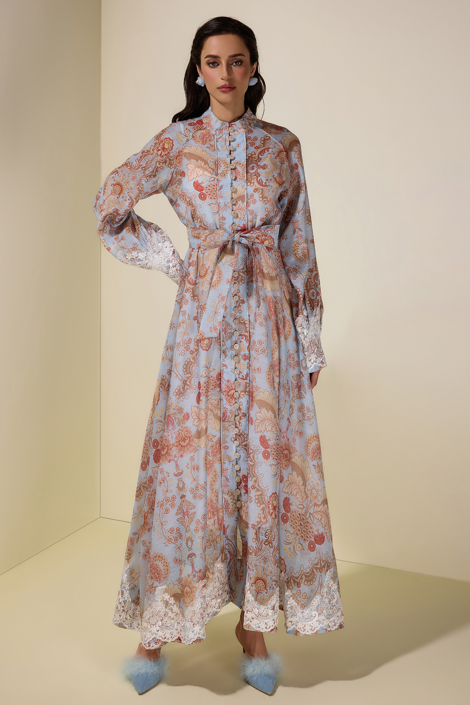 Paisley Print Lace Single Breasted Midi Dress