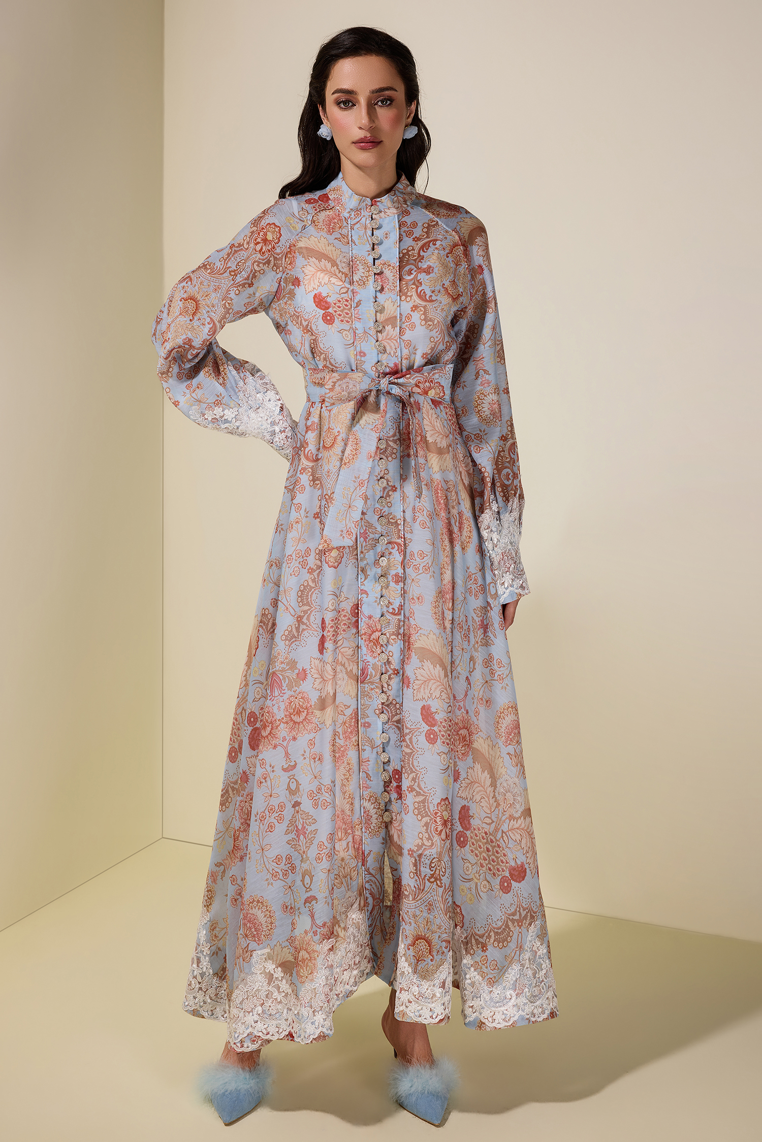 Paisley Print Lace Single Breasted Midi Dress