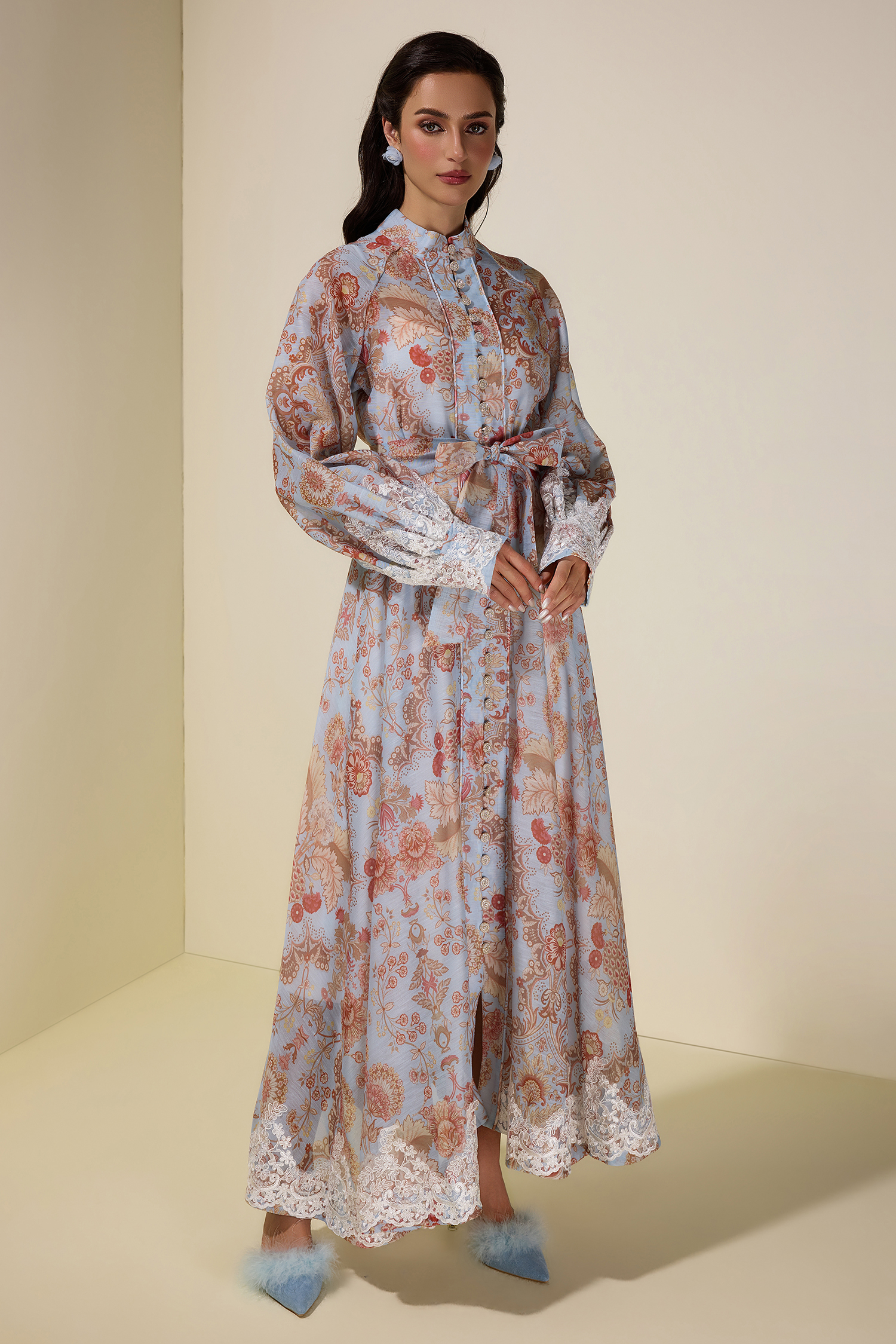 Paisley Print Lace Single Breasted Midi Dress
