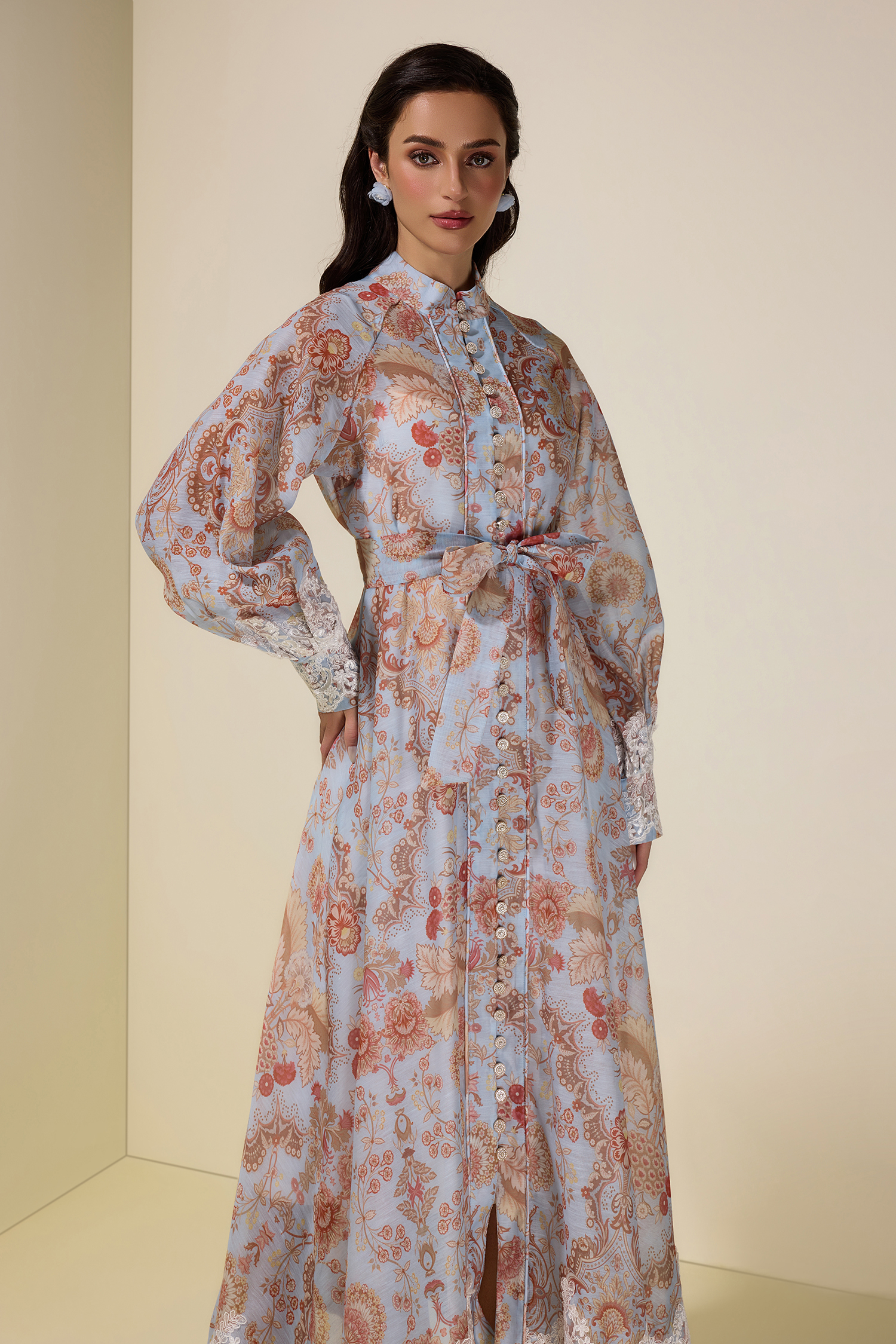Paisley Print Lace Single Breasted Midi Dress