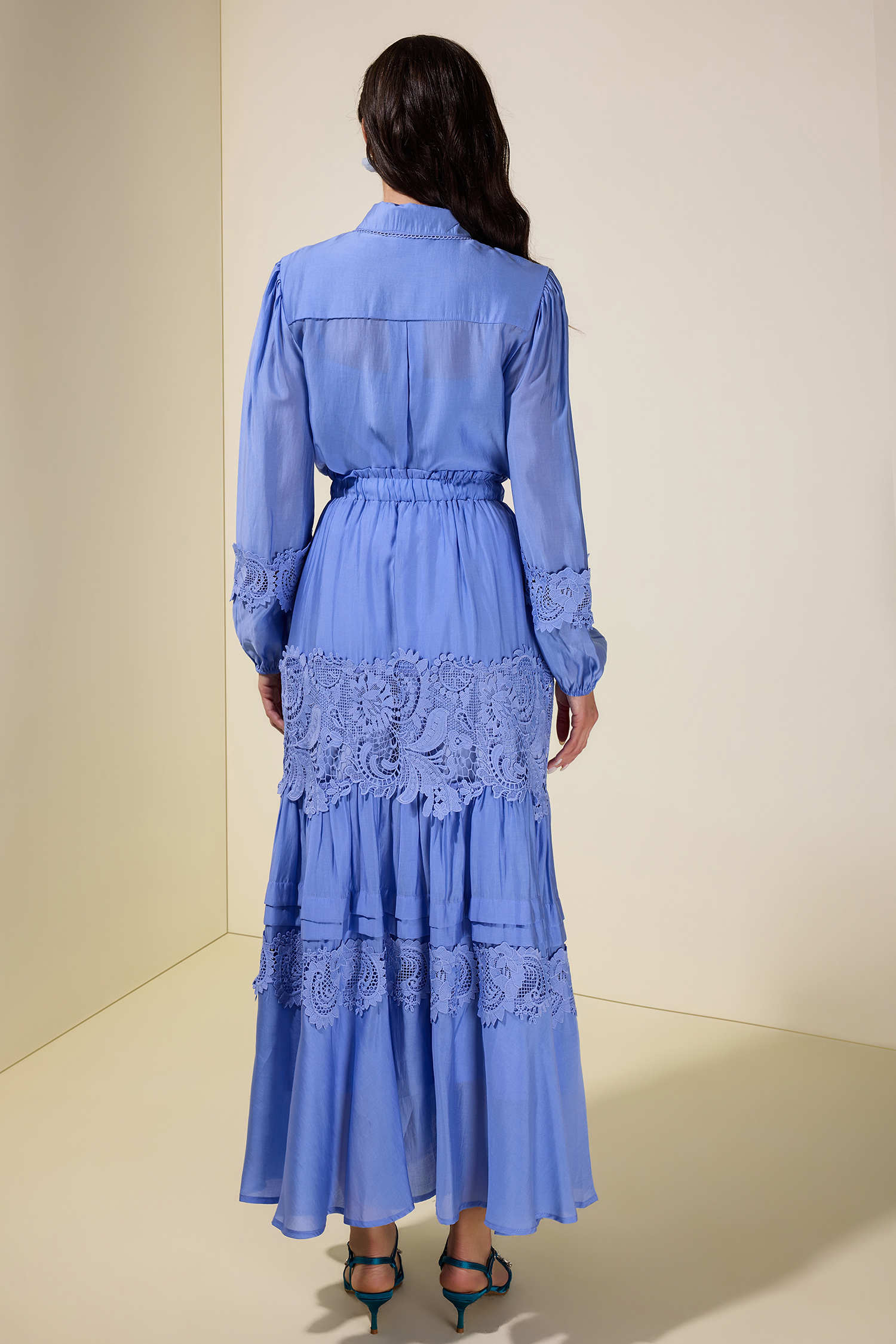 Solid Lace Shirt Collar Top & Mid Waist Ruffle Midi Skirt Set