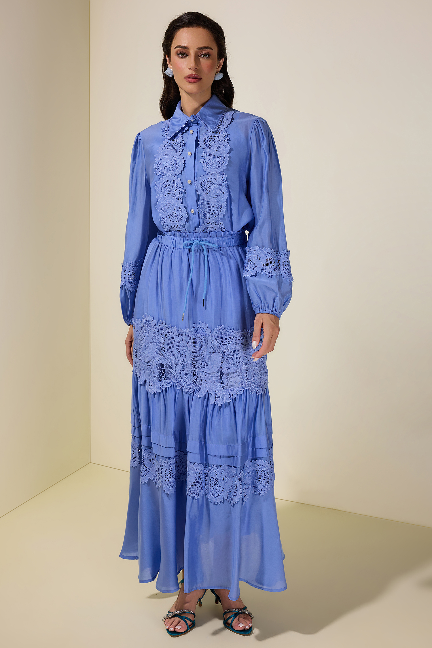 Solid Lace Shirt Collar Top & Mid Waist Ruffle Midi Skirt Set