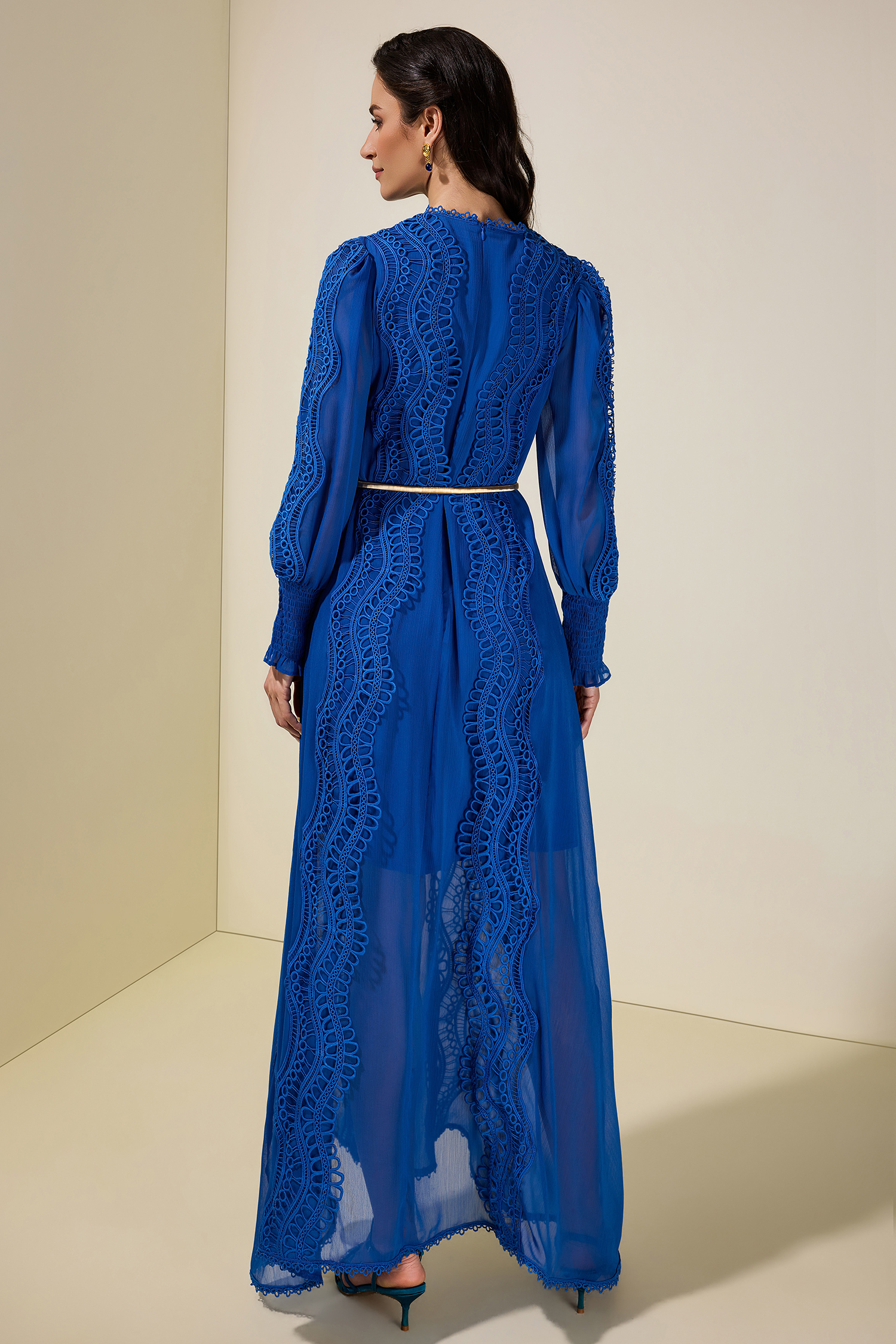 Chiffon Lace Midi Dress With Metal Belt