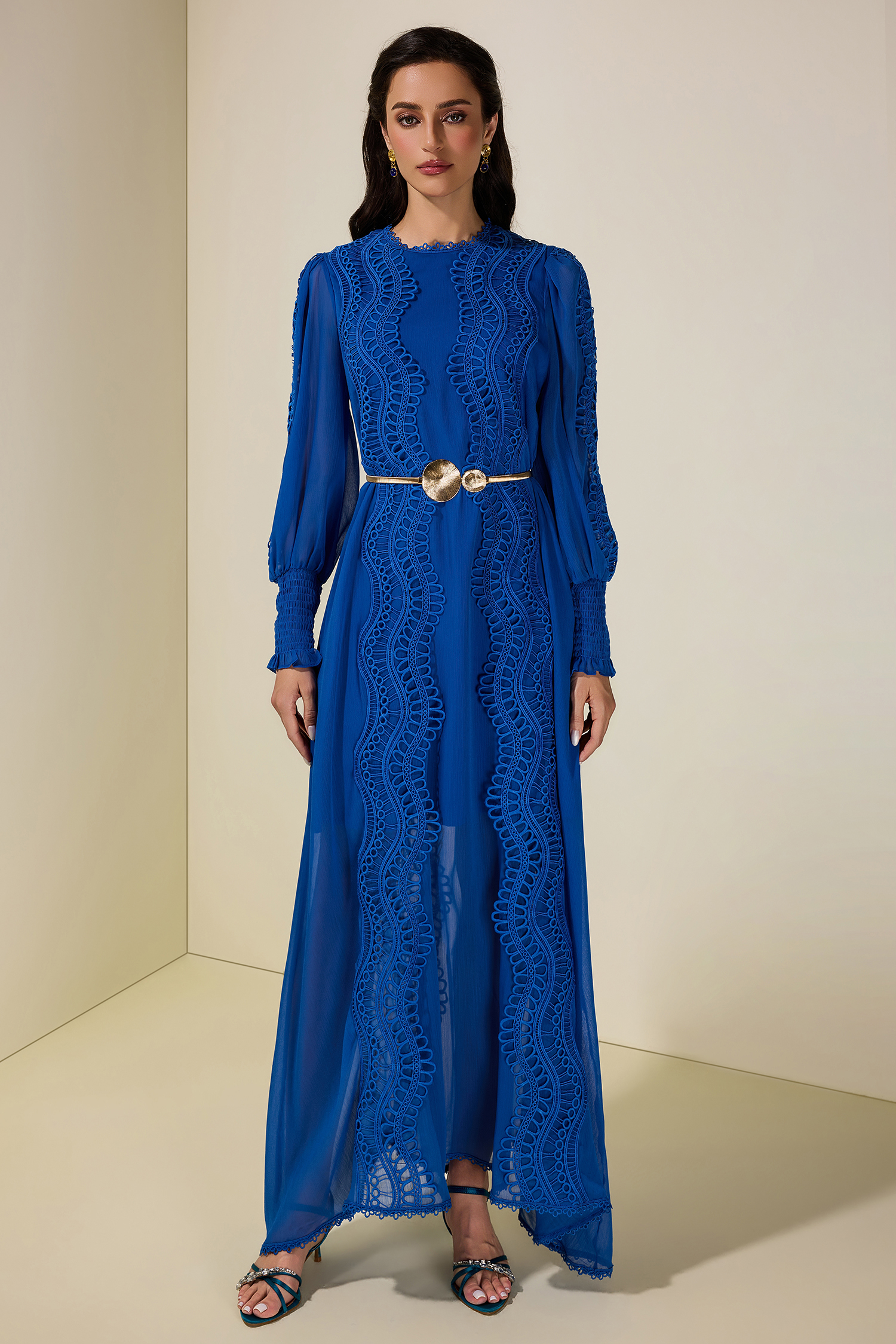 Chiffon Lace Midi Dress With Metal Belt