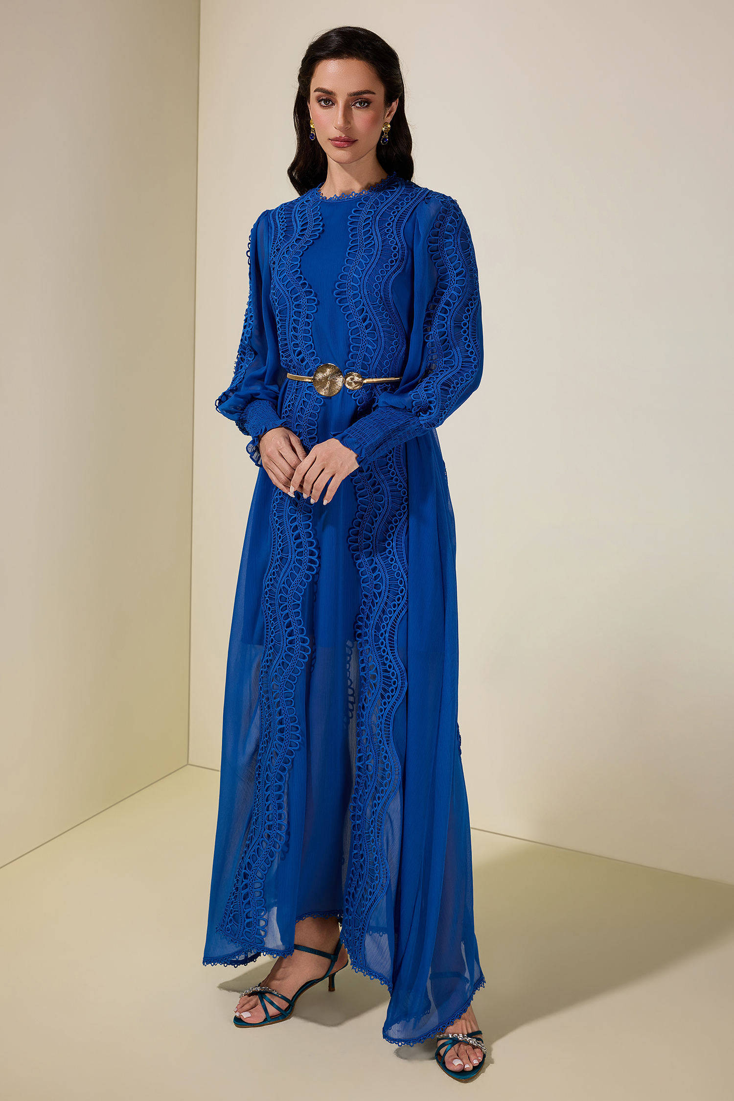 Chiffon Lace Midi Dress With Metal Belt