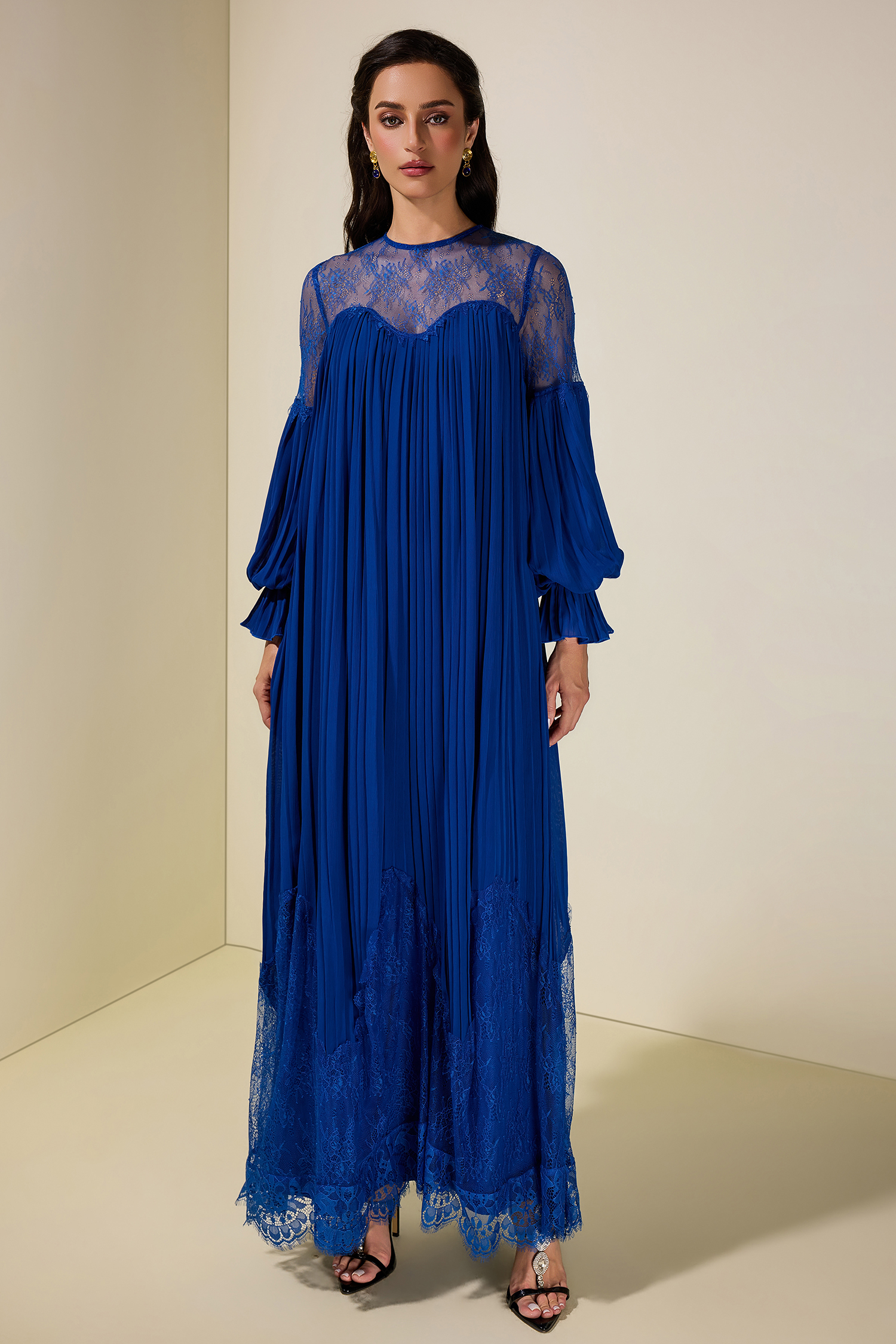 Chiffon Splicing Lace Lantern Sleeve Maxi Dress