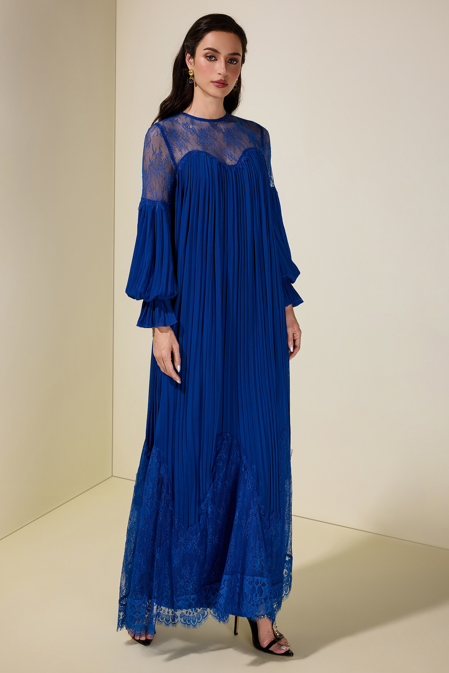 Chiffon Splicing Lace Lantern Sleeve Maxi Dress