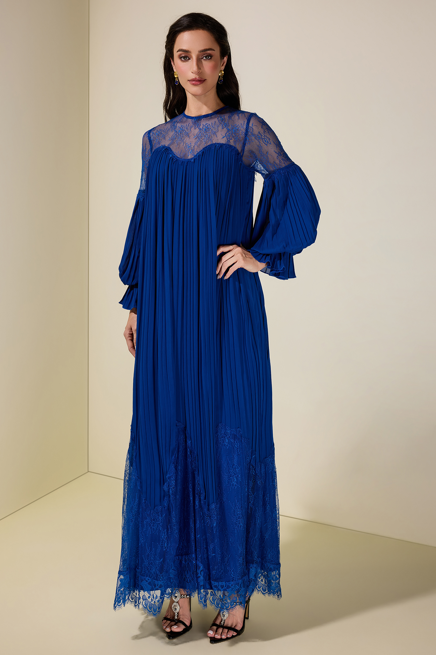 Chiffon Splicing Lace Lantern Sleeve Maxi Dress