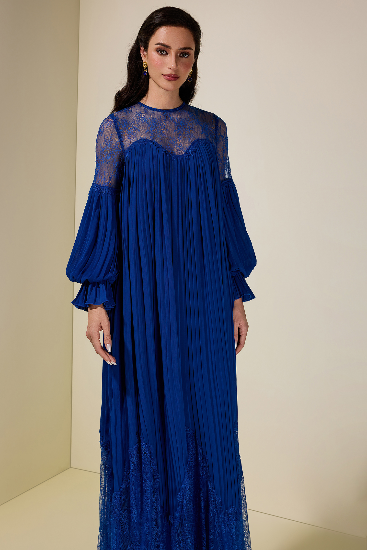 Chiffon Splicing Lace Lantern Sleeve Maxi Dress