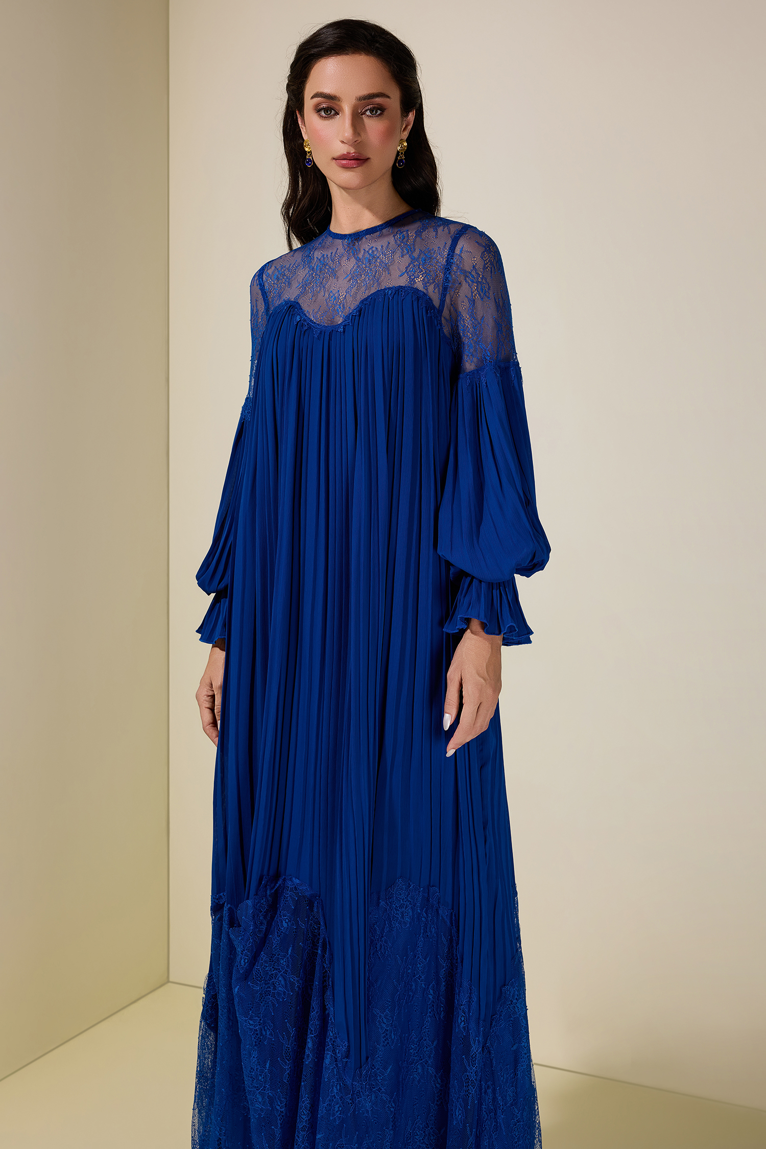 Chiffon Splicing Lace Lantern Sleeve Maxi Dress