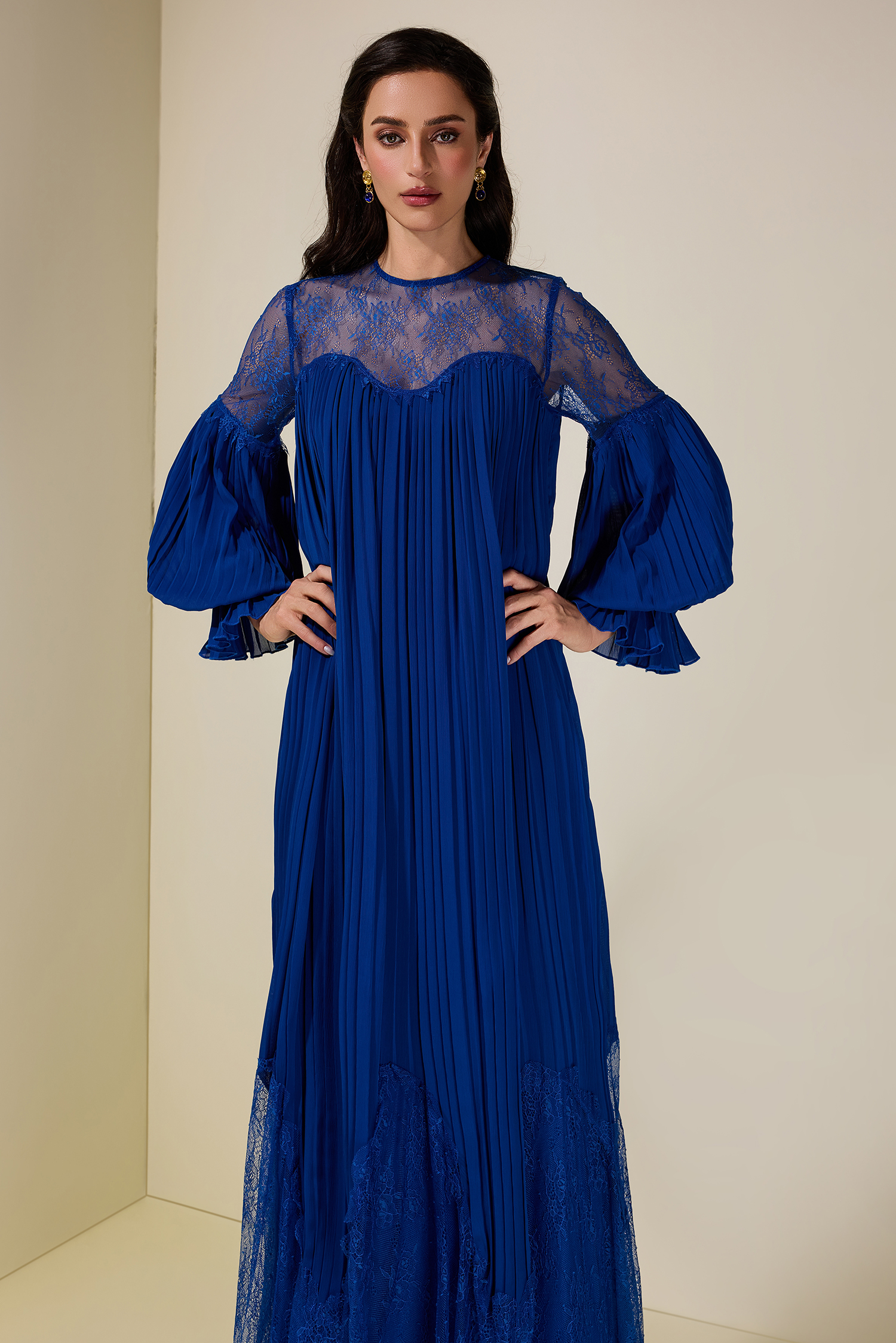 Chiffon Splicing Lace Lantern Sleeve Maxi Dress