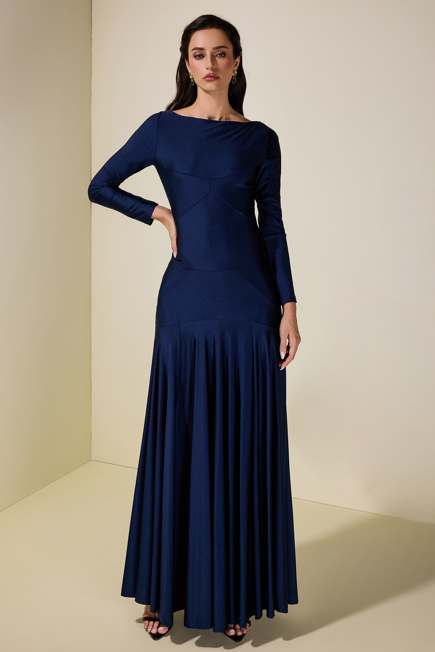 Solid Long Sleeve Metal Button Maxi Dress