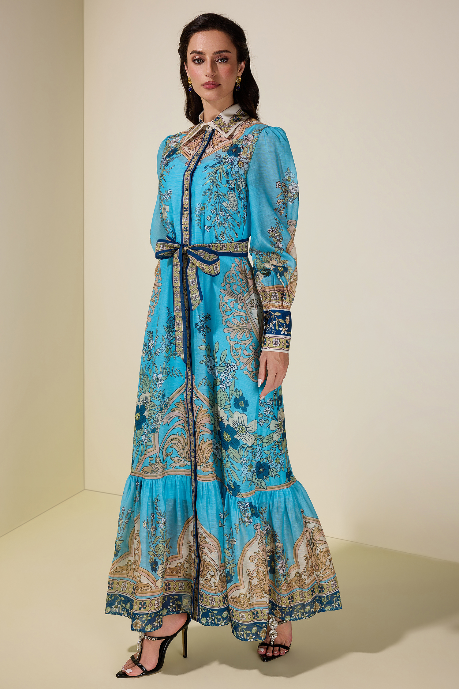 Paisley Print Single Breasted Midi Dress With Belt