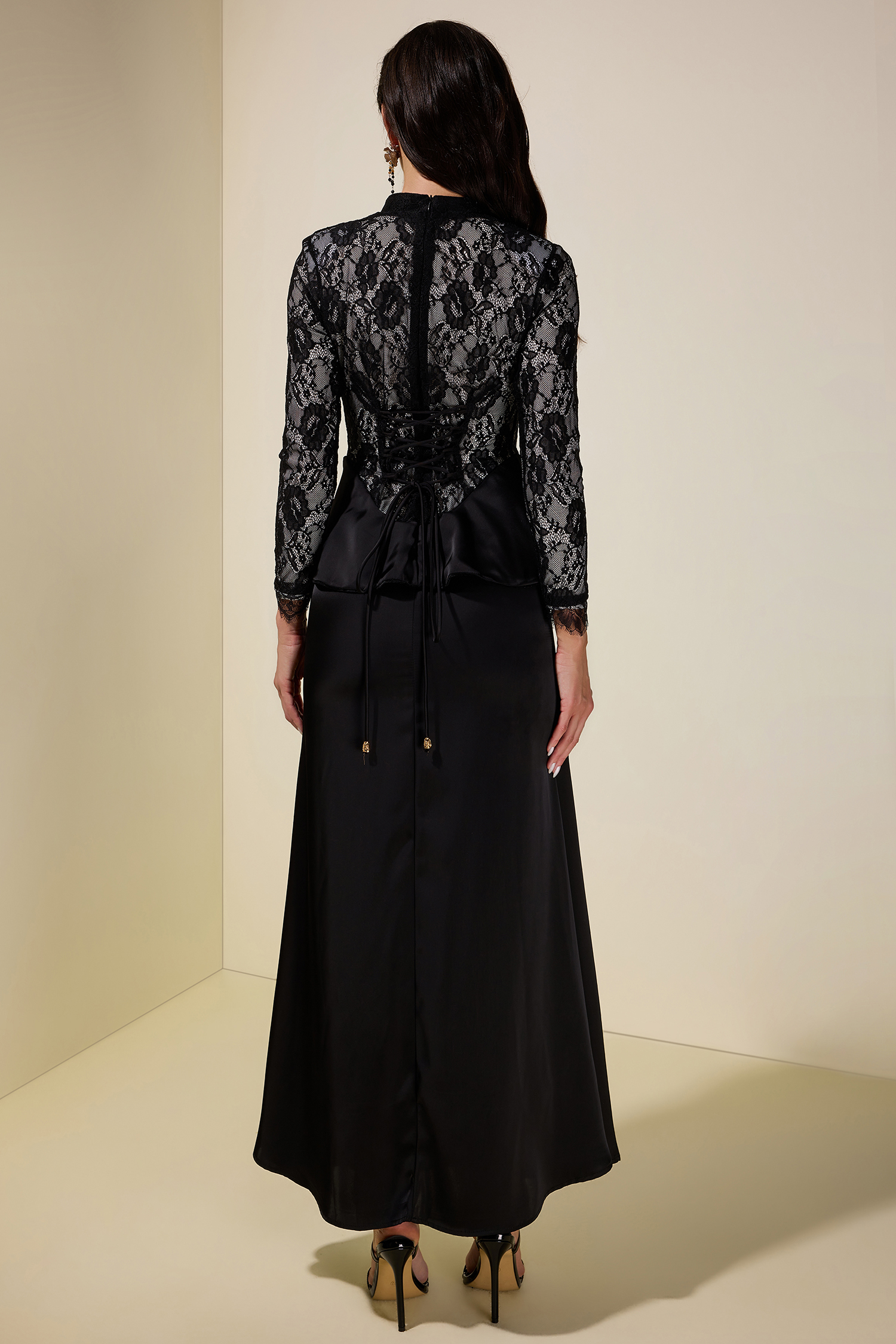 Satin Splicing Lace Long Sleeve Maxi Dress