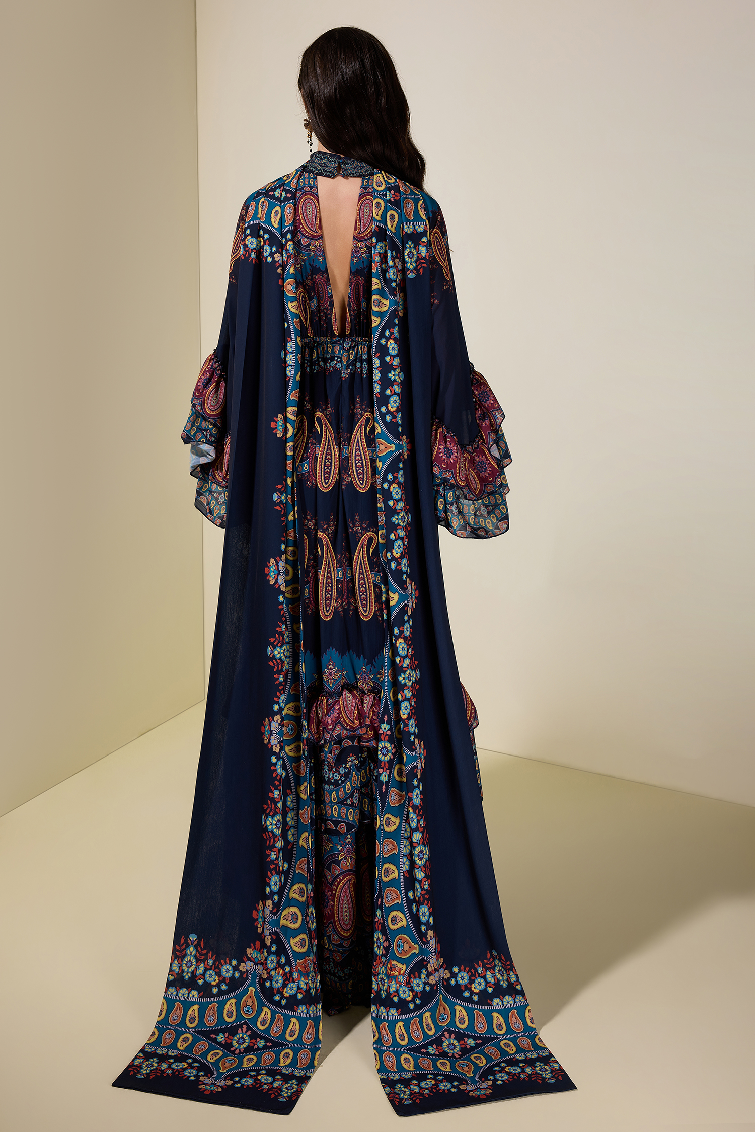 Paisley Print Ruffle Raglan Sleeve Maxi Dress