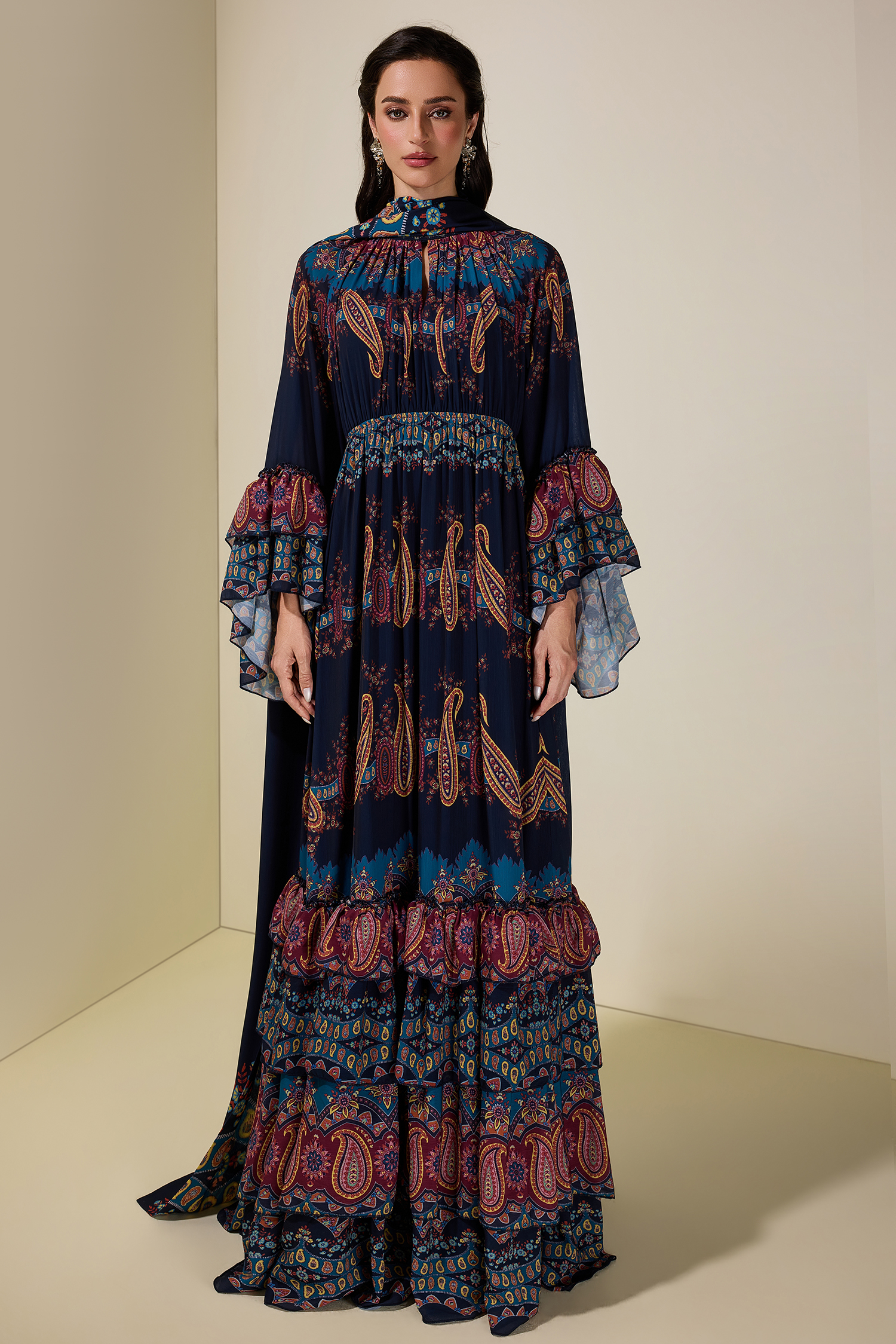 Paisley Print Ruffle Raglan Sleeve Maxi Dress