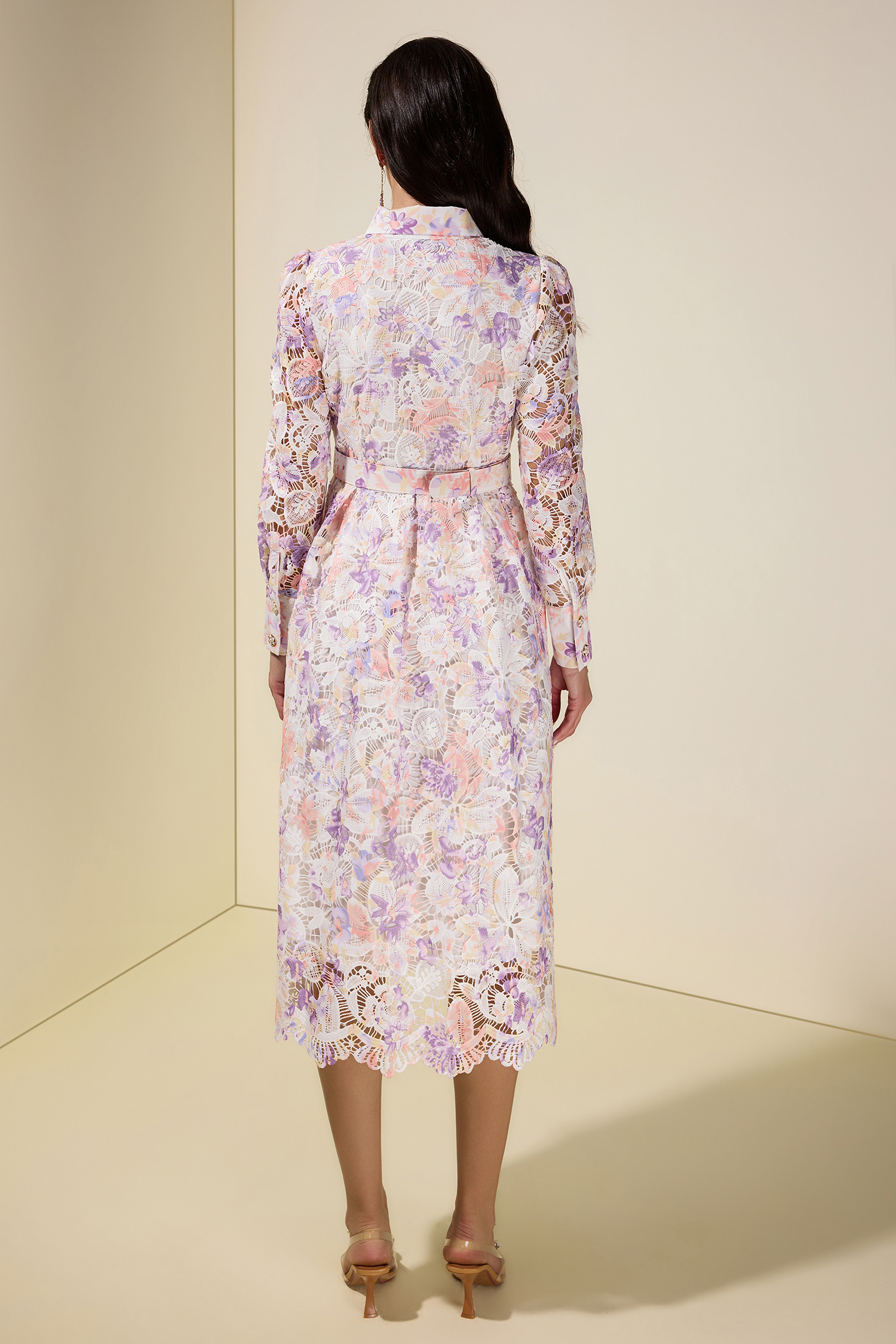 Lace Floral Single Breasted Midi Dress With Belt