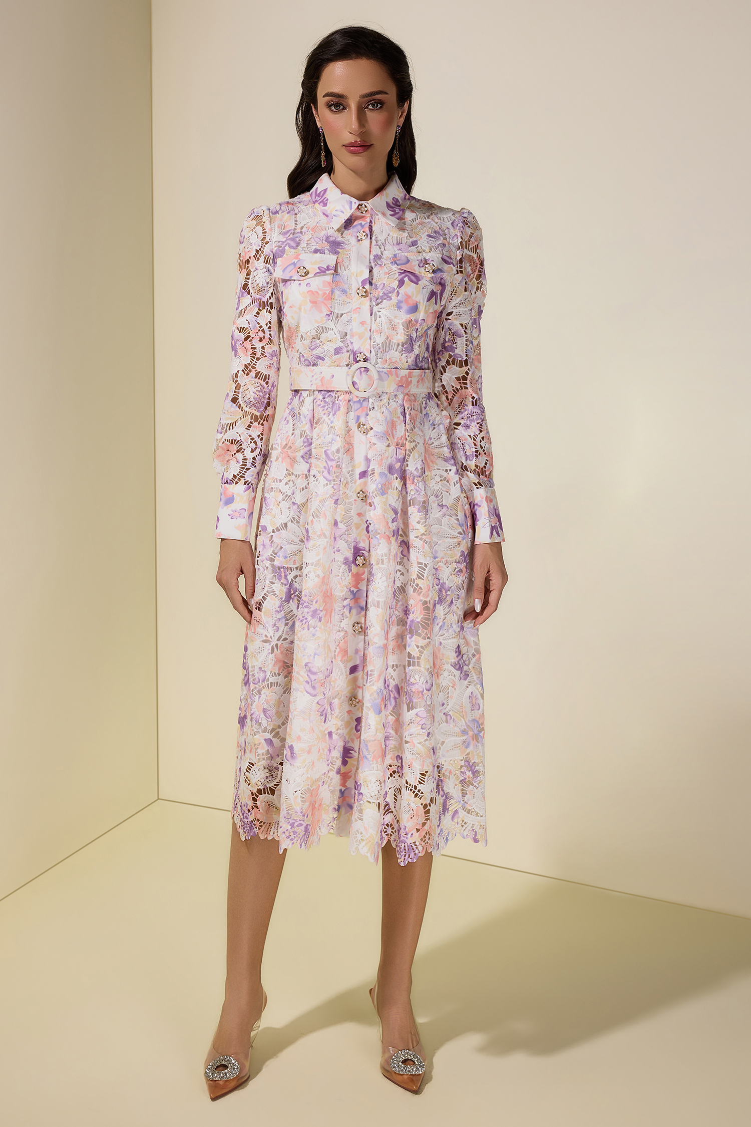 Lace Floral Single Breasted Midi Dress With Belt