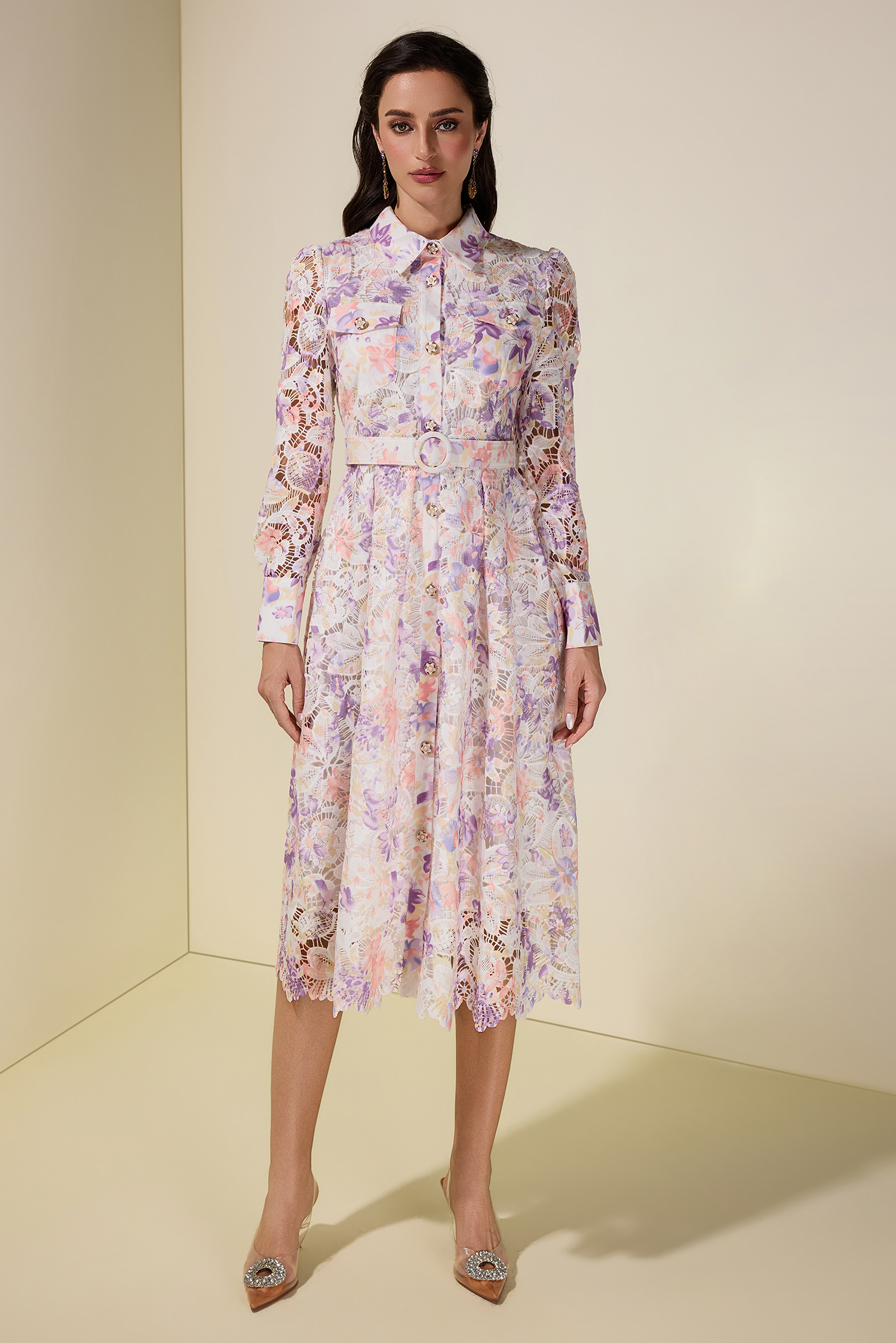 Lace Floral Single Breasted Midi Dress With Belt