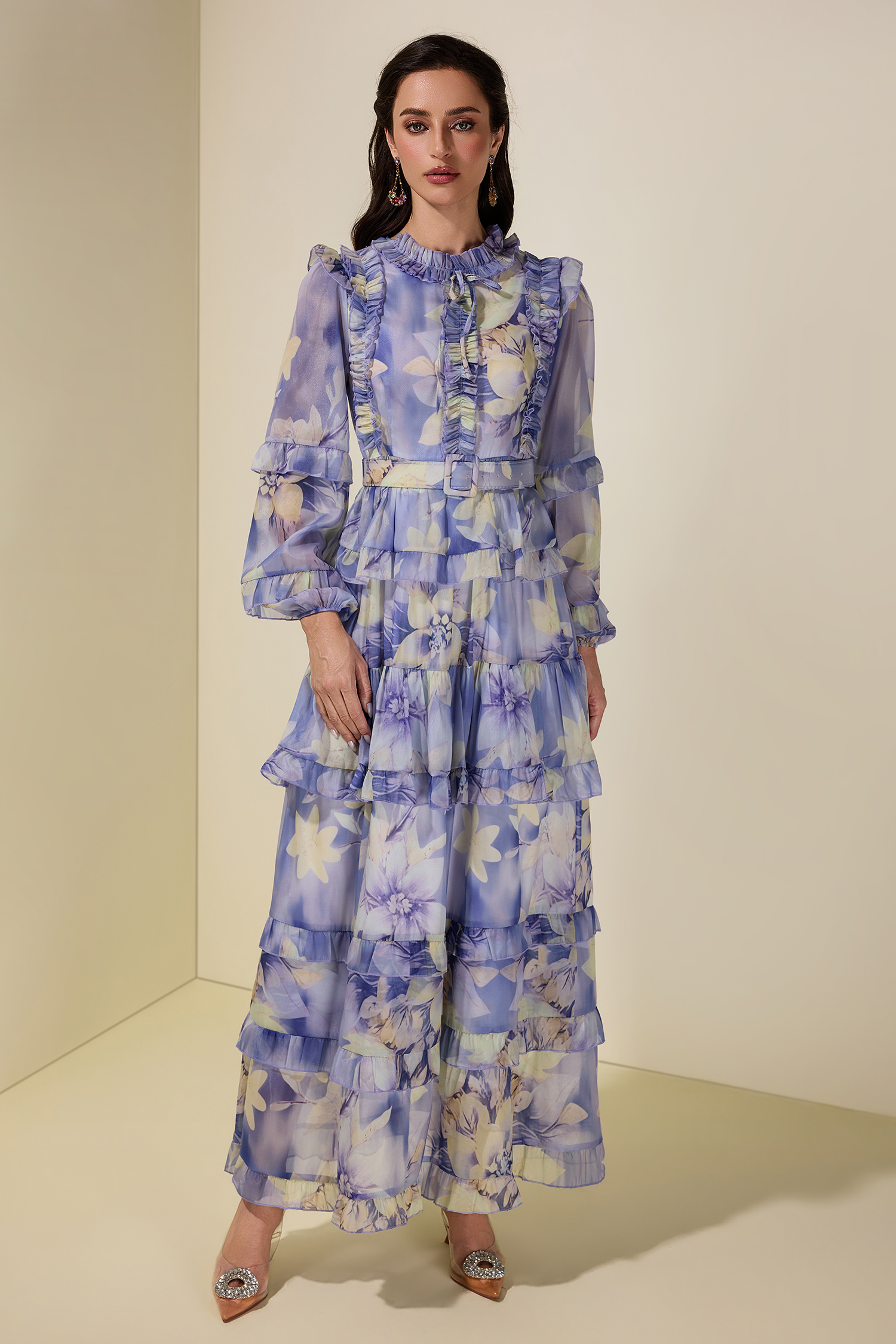 Floral Ruffle Maxi Dress With Belt