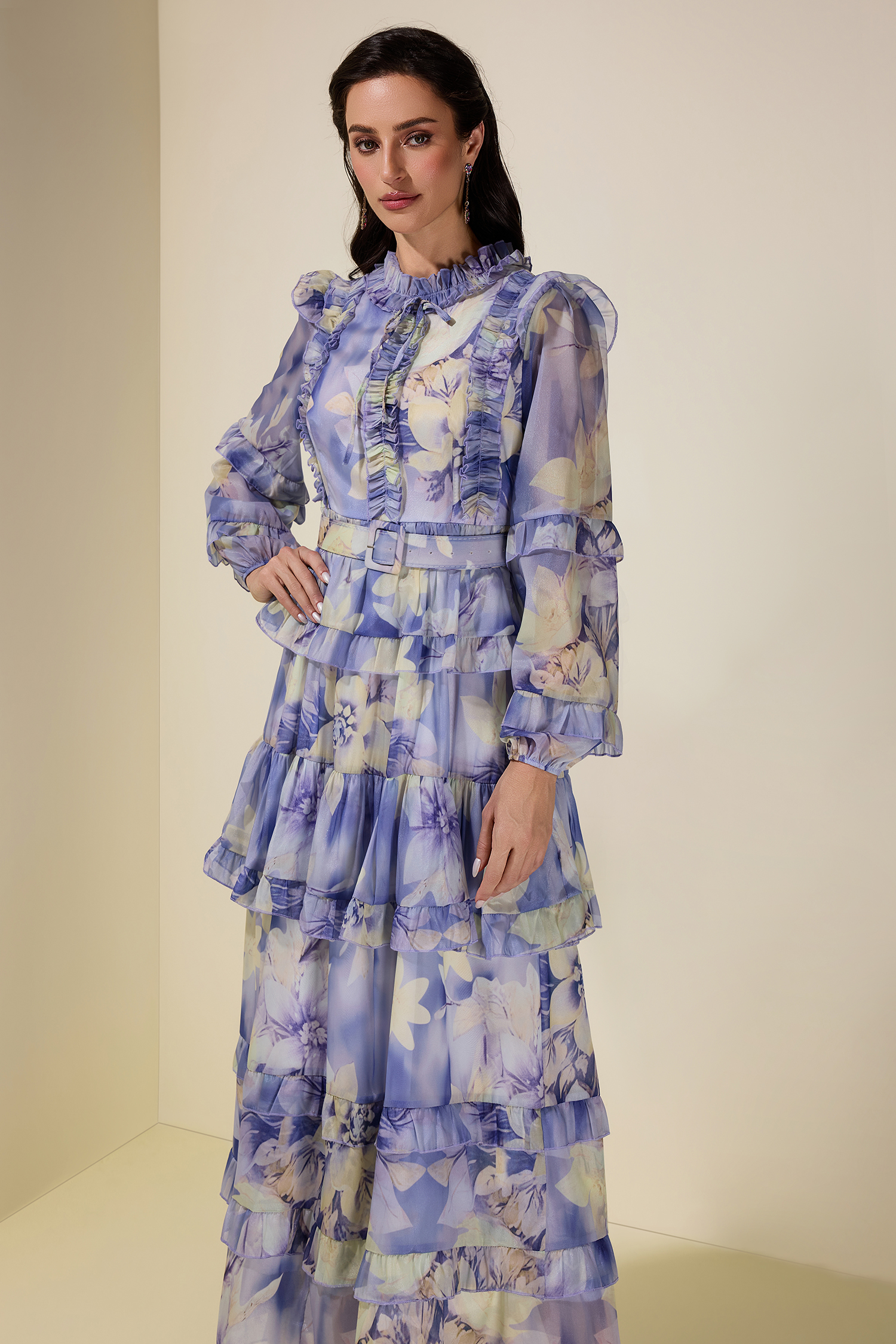 Floral Ruffle Maxi Dress With Belt