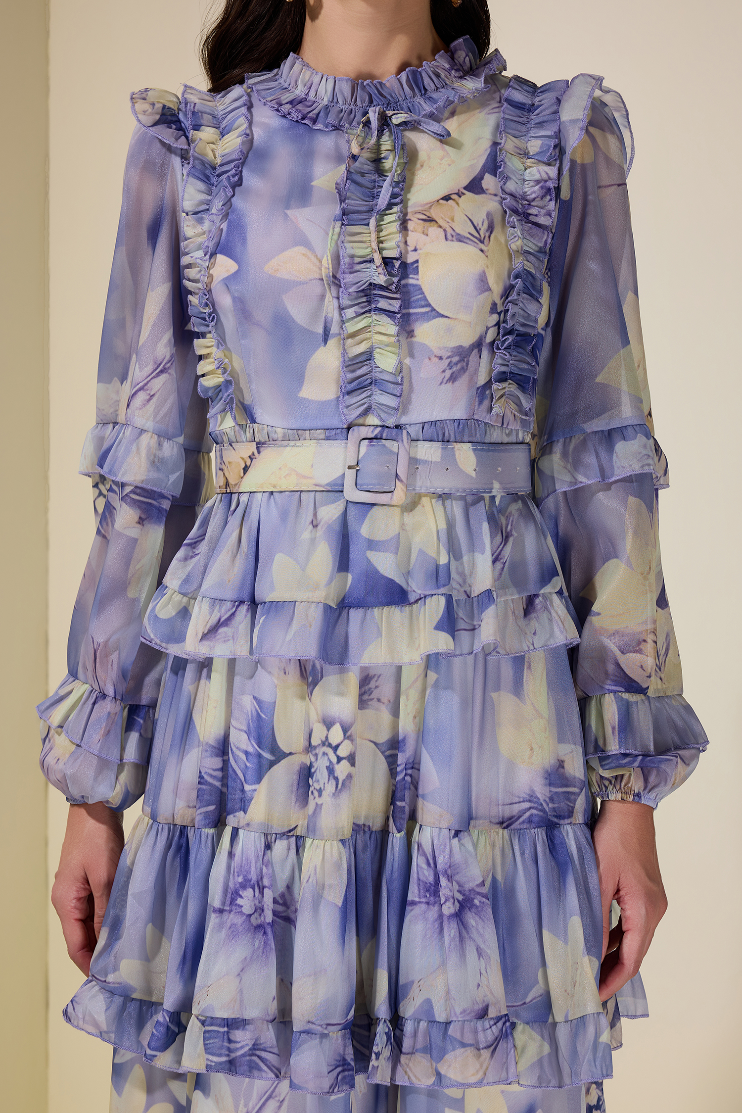 Floral Ruffle Maxi Dress With Belt