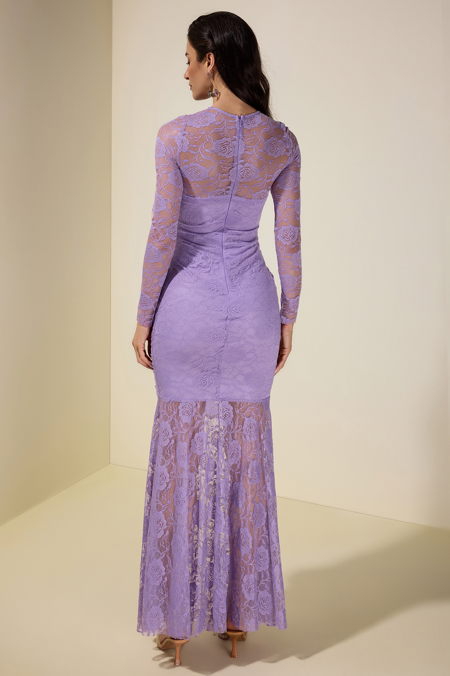 Lace Gathering Long Sleeve Midi Dress