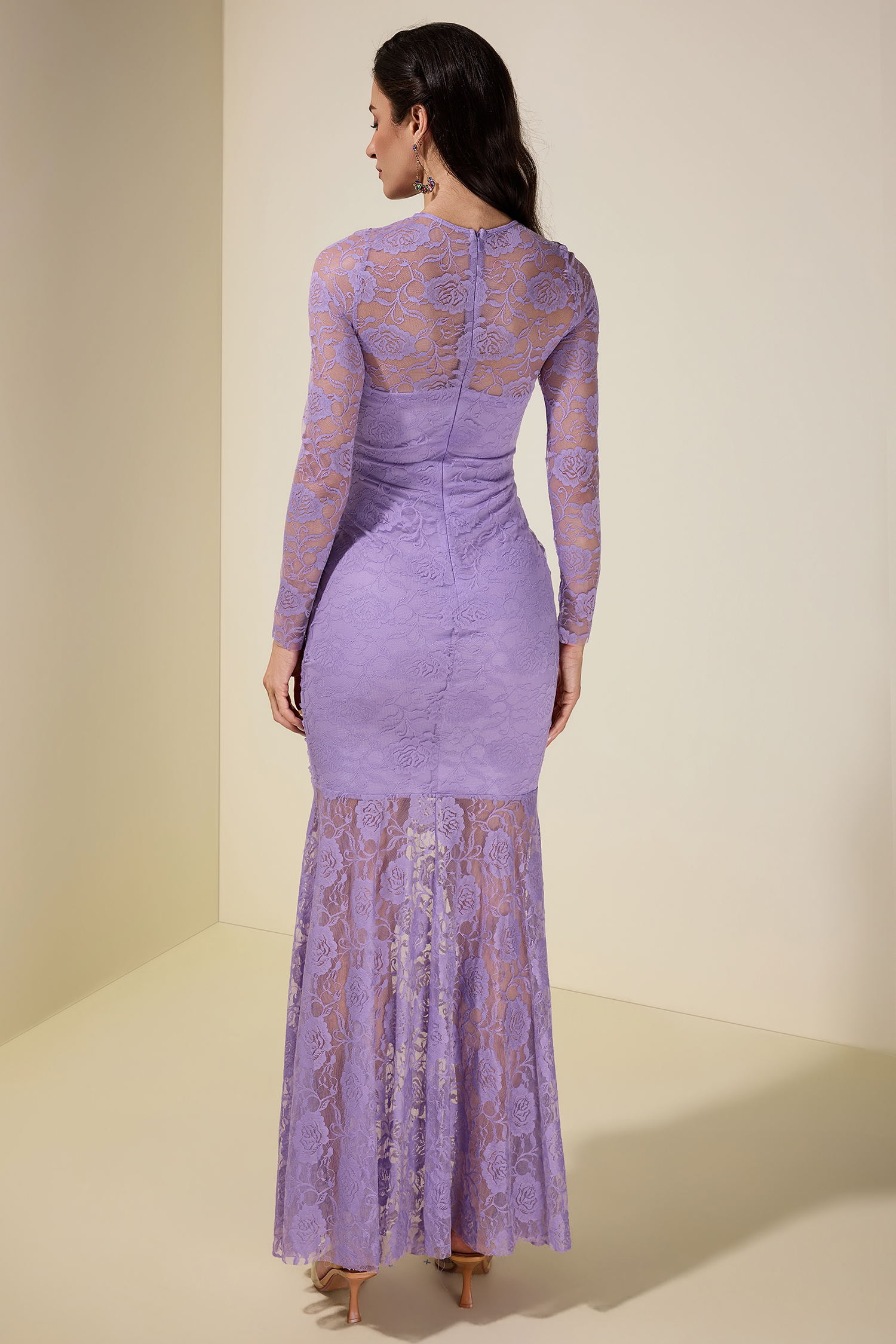 Lace Gathering Long Sleeve Midi Dress